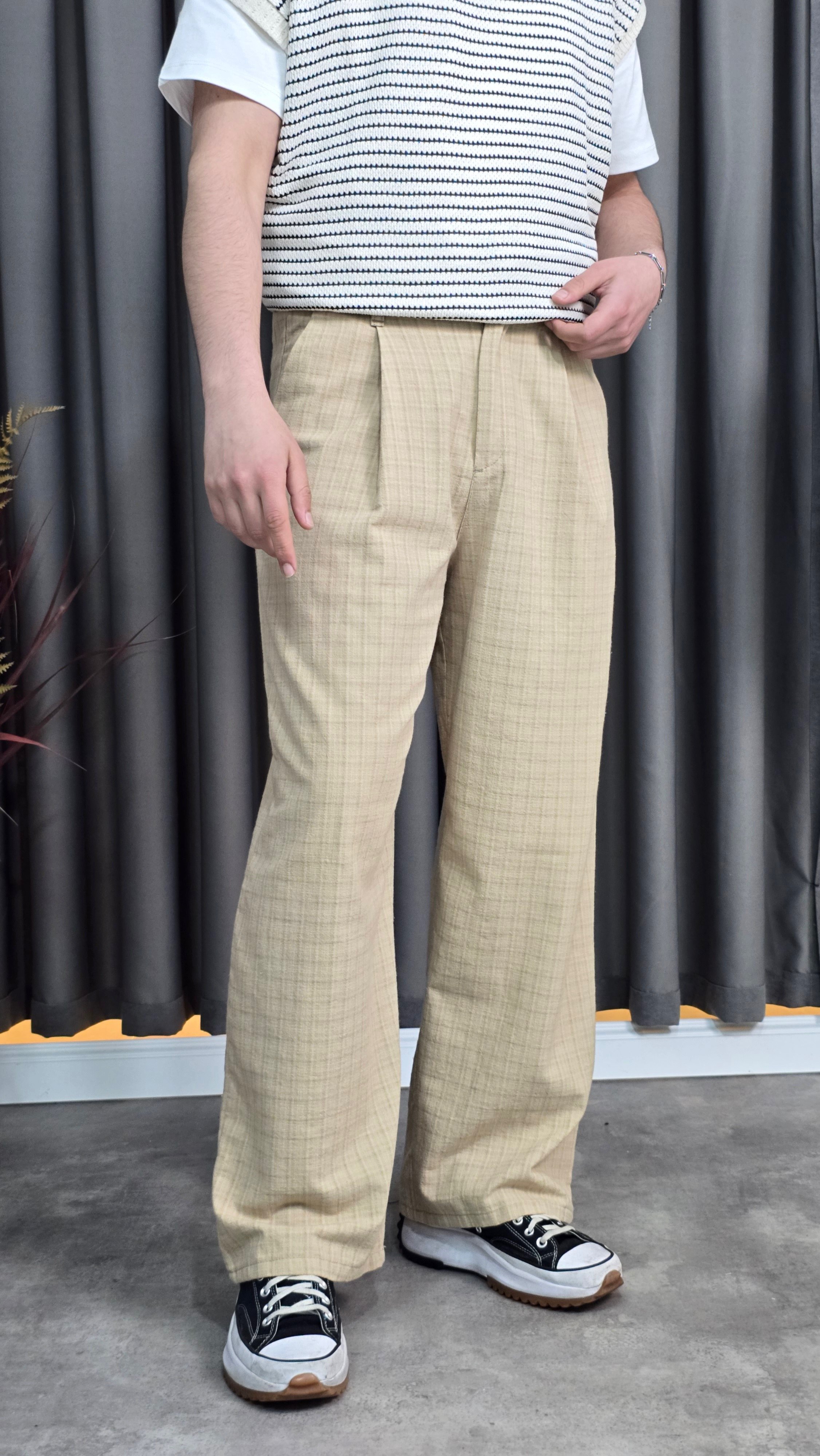 Premium Ekoseli Baggy Kumaş Pantolon - Sarı