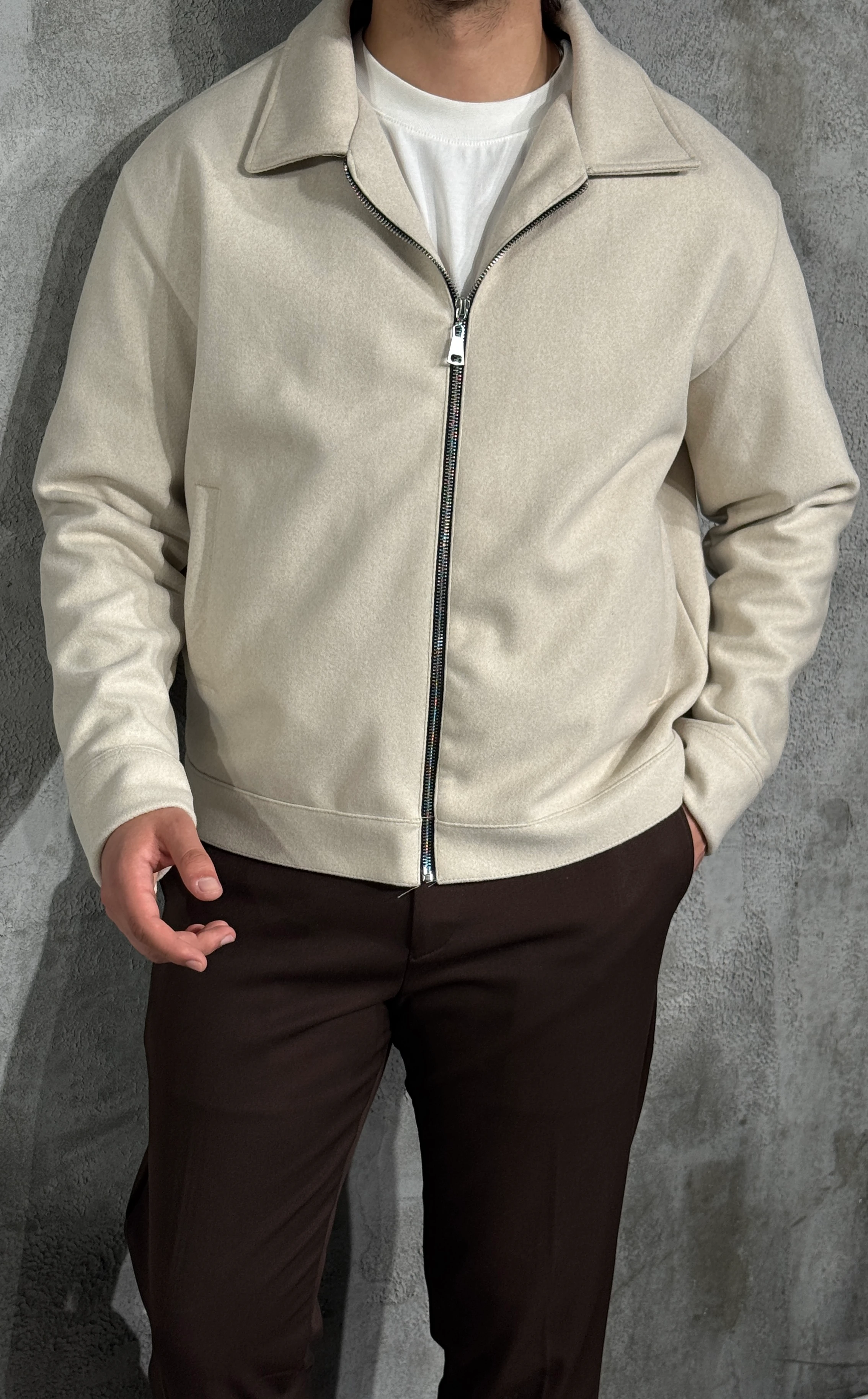 Erkek Fermuarlı Kaşe Ceket - Kırık Beyaz