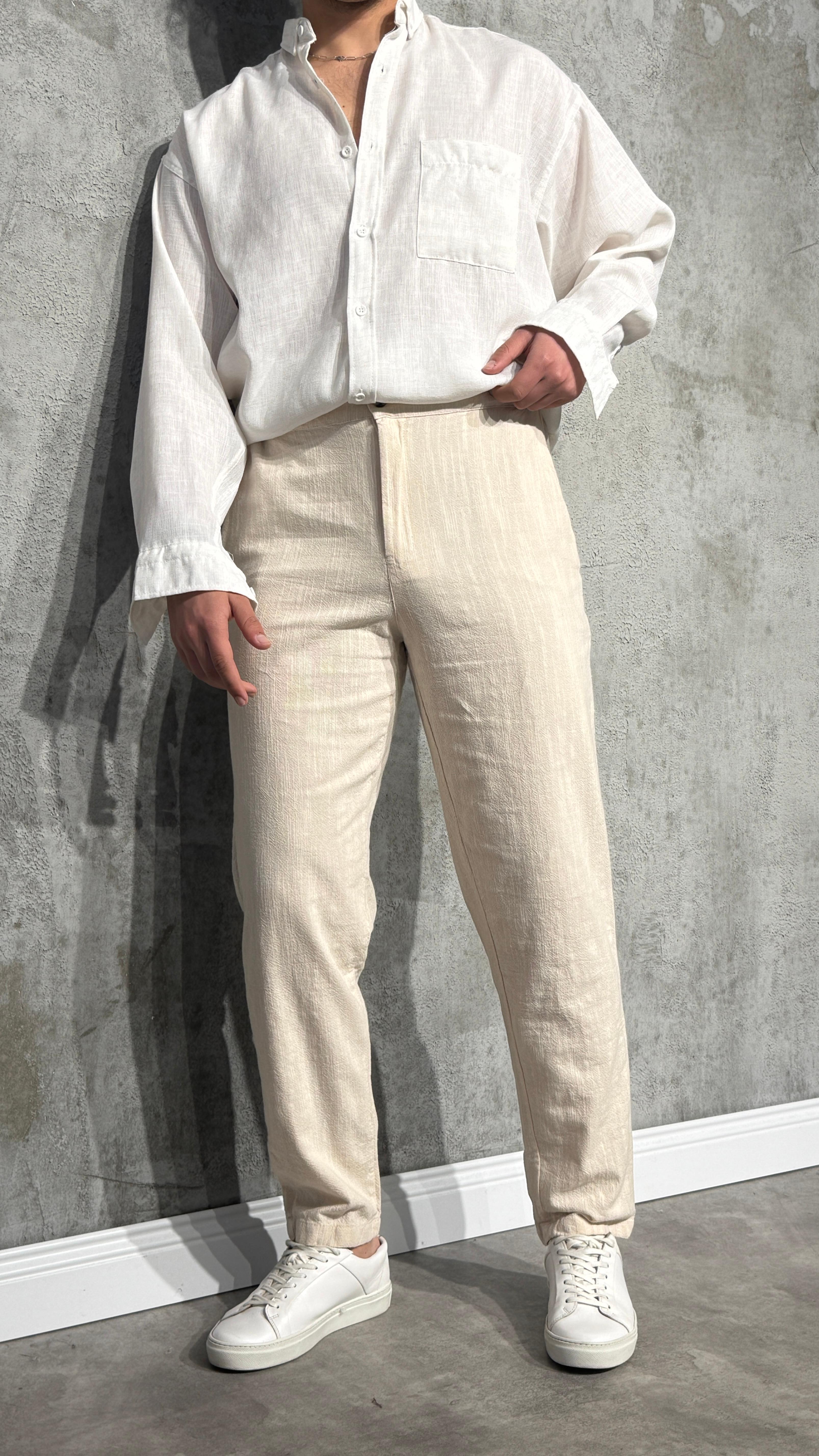 Keten Slim Pantolon - Krem