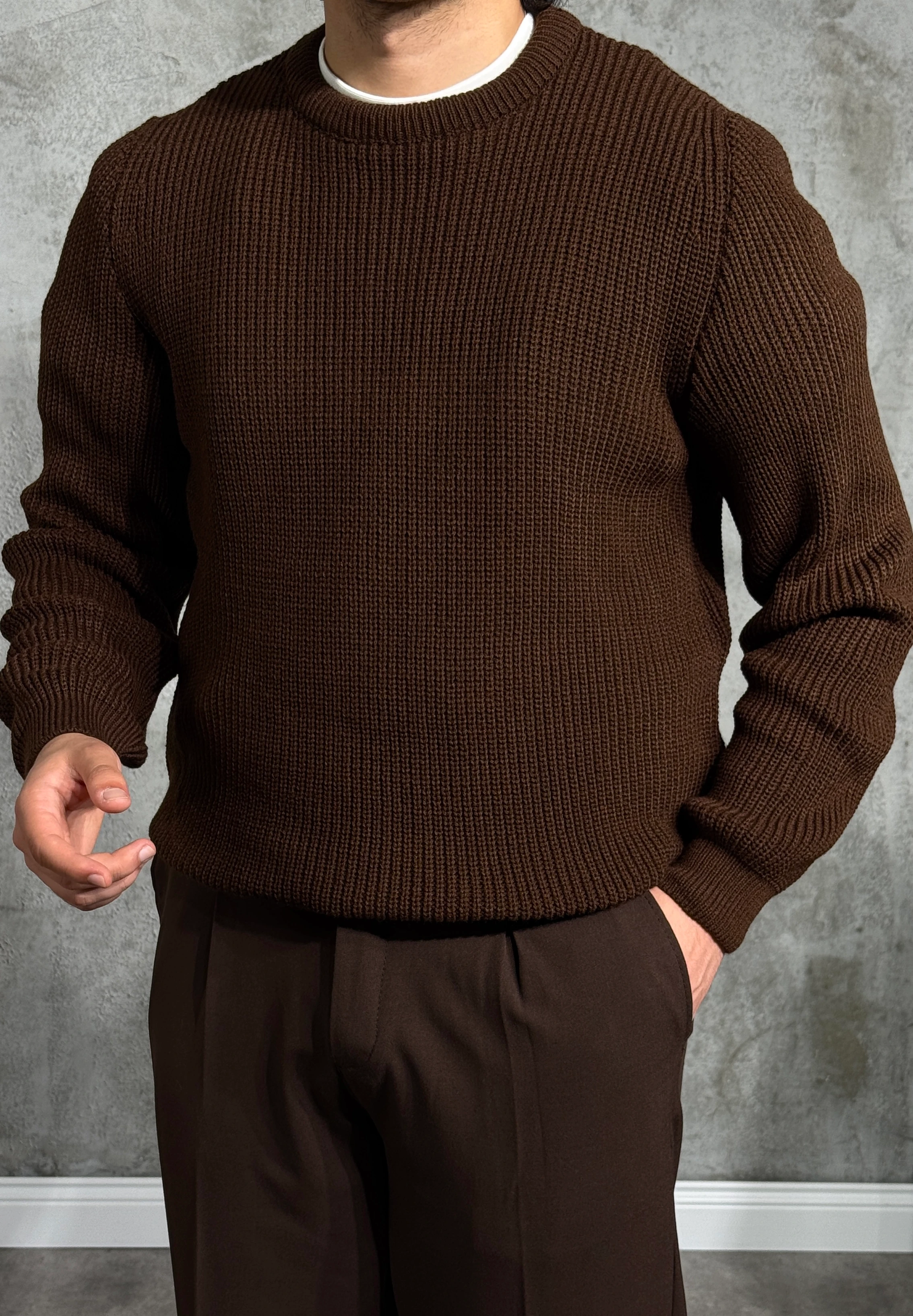 Erkek Premium Bisiklet Yaka Örgü Kazak - Kahverengi