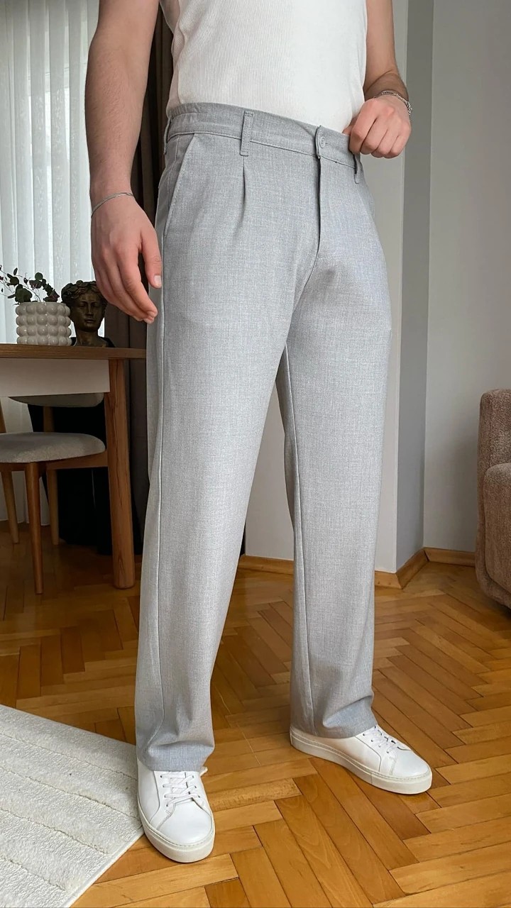Pileli Baggy Kumaş Pantolon. - Gri