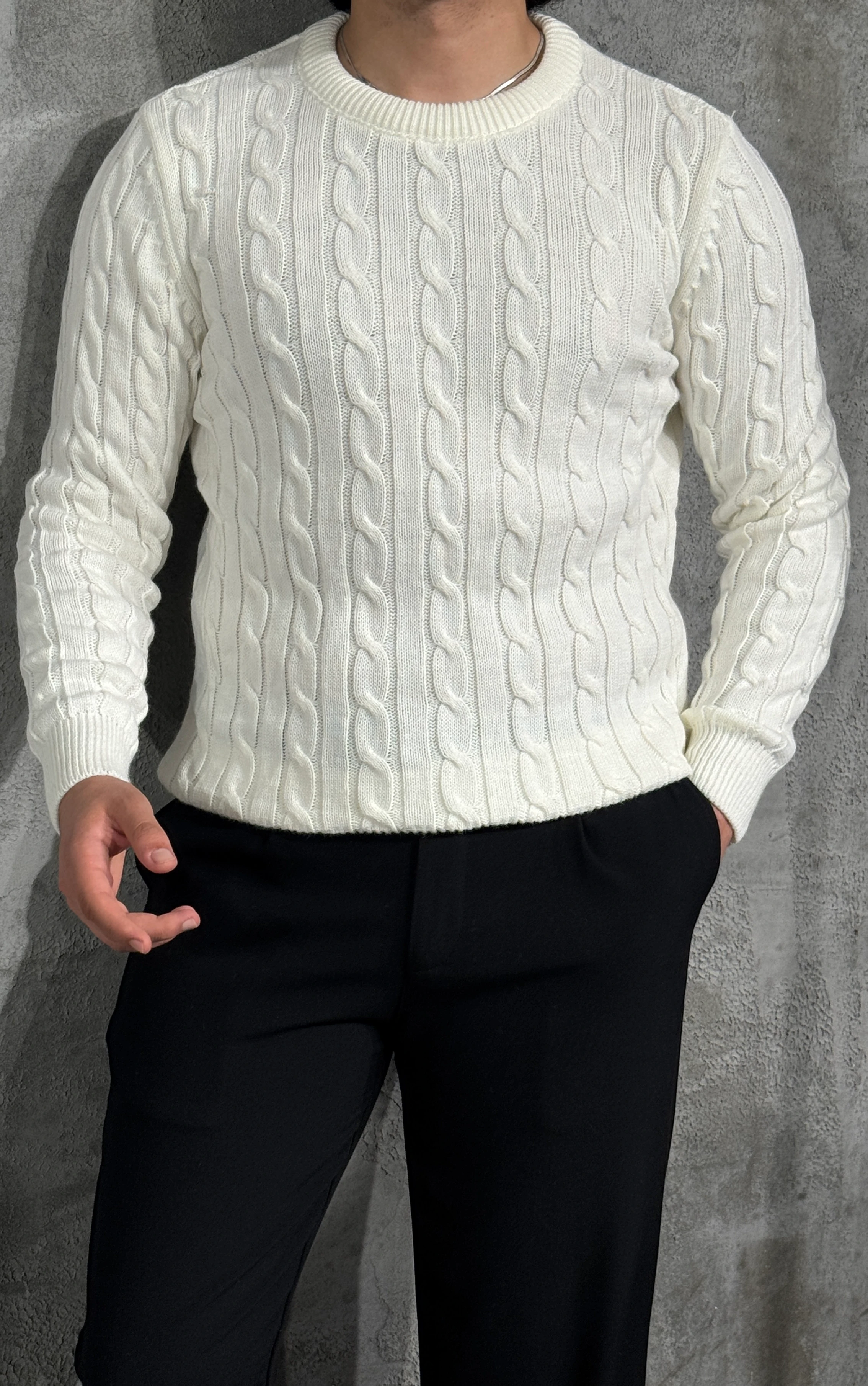 Erkek Bisiklet Yaka Desenli Fit Kazak - Beyaz