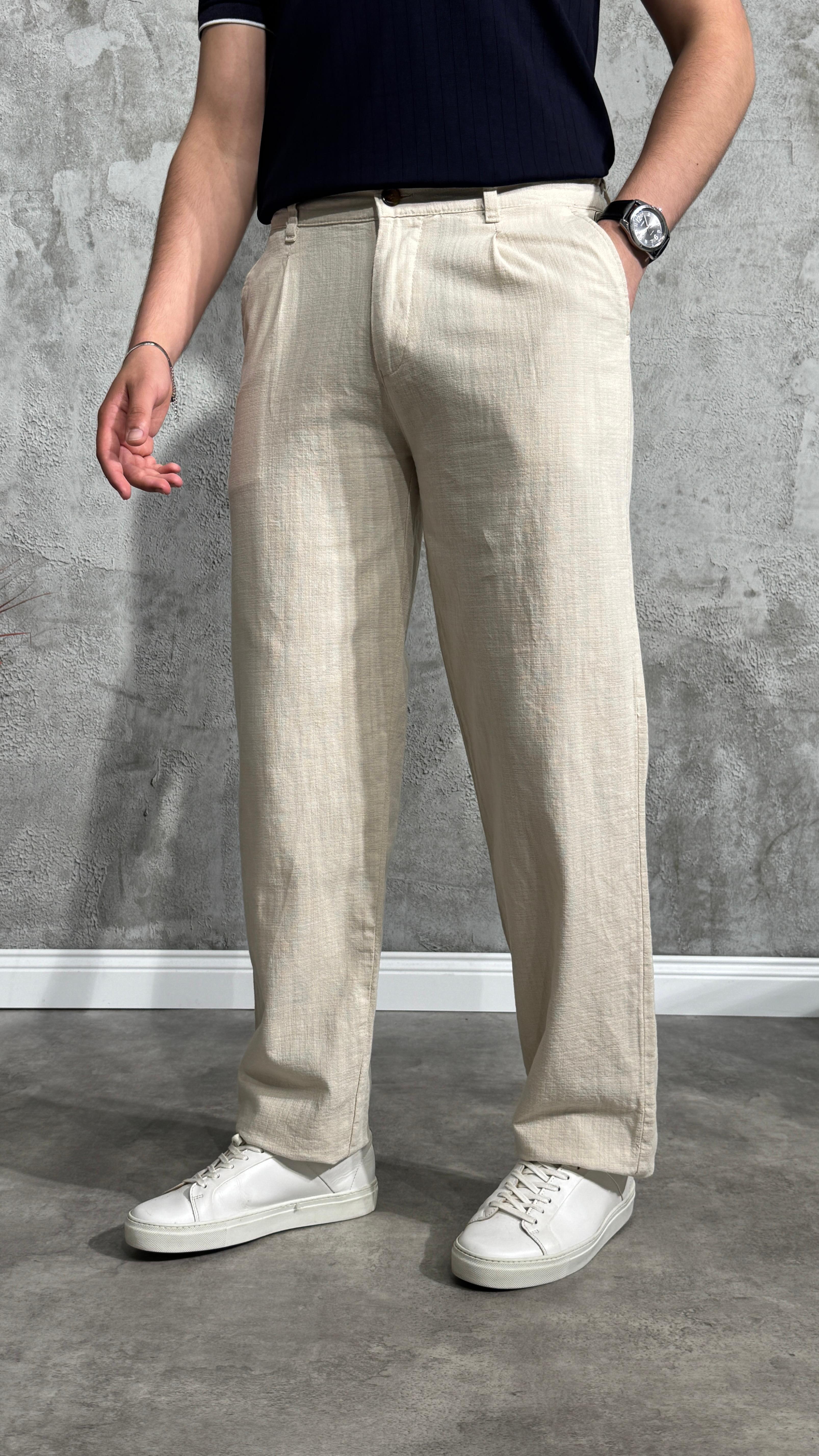 Pileli Baggy Keten Pantolon - Krem