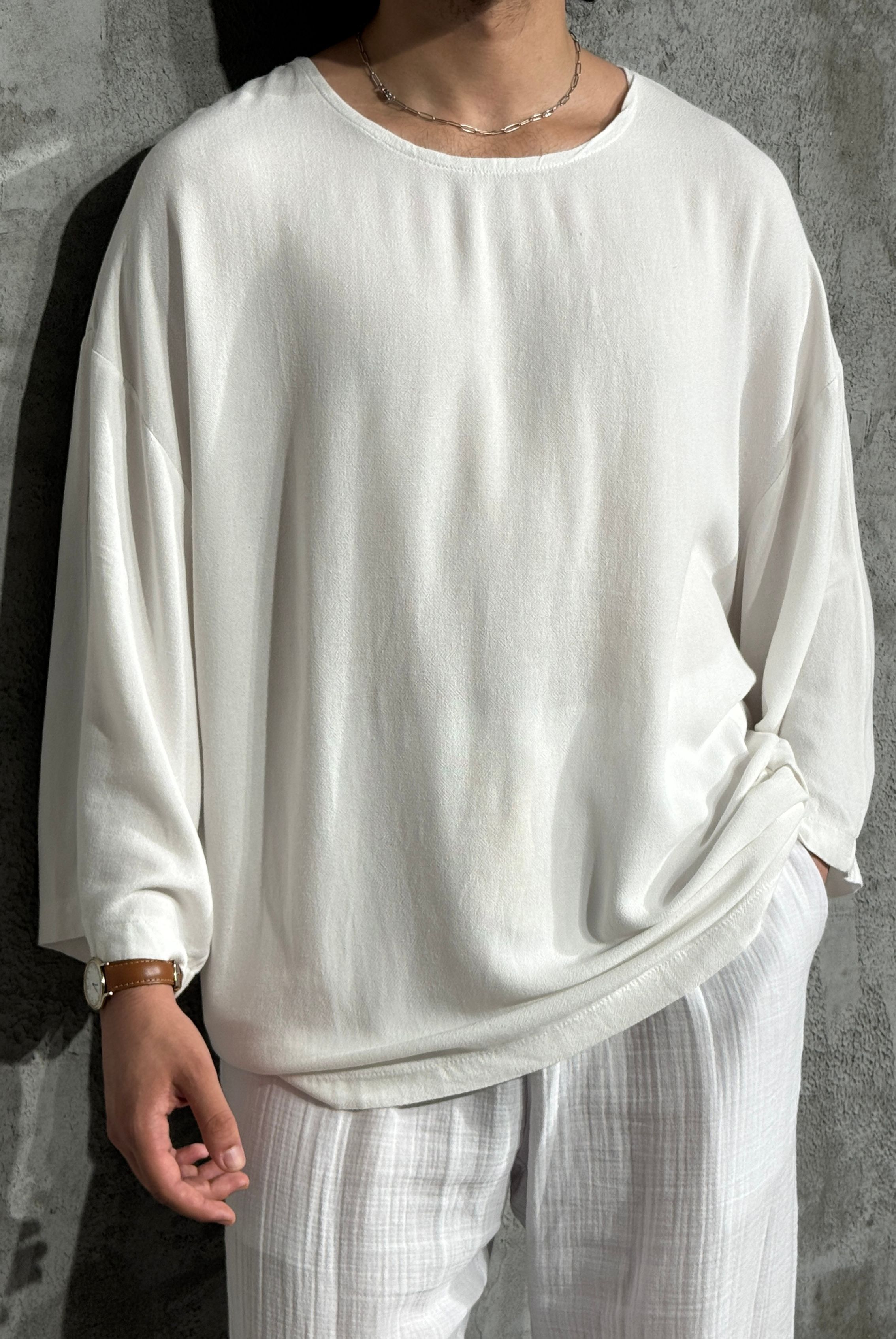 Oversize Keten Fakir Kol Tişört - Beyaz