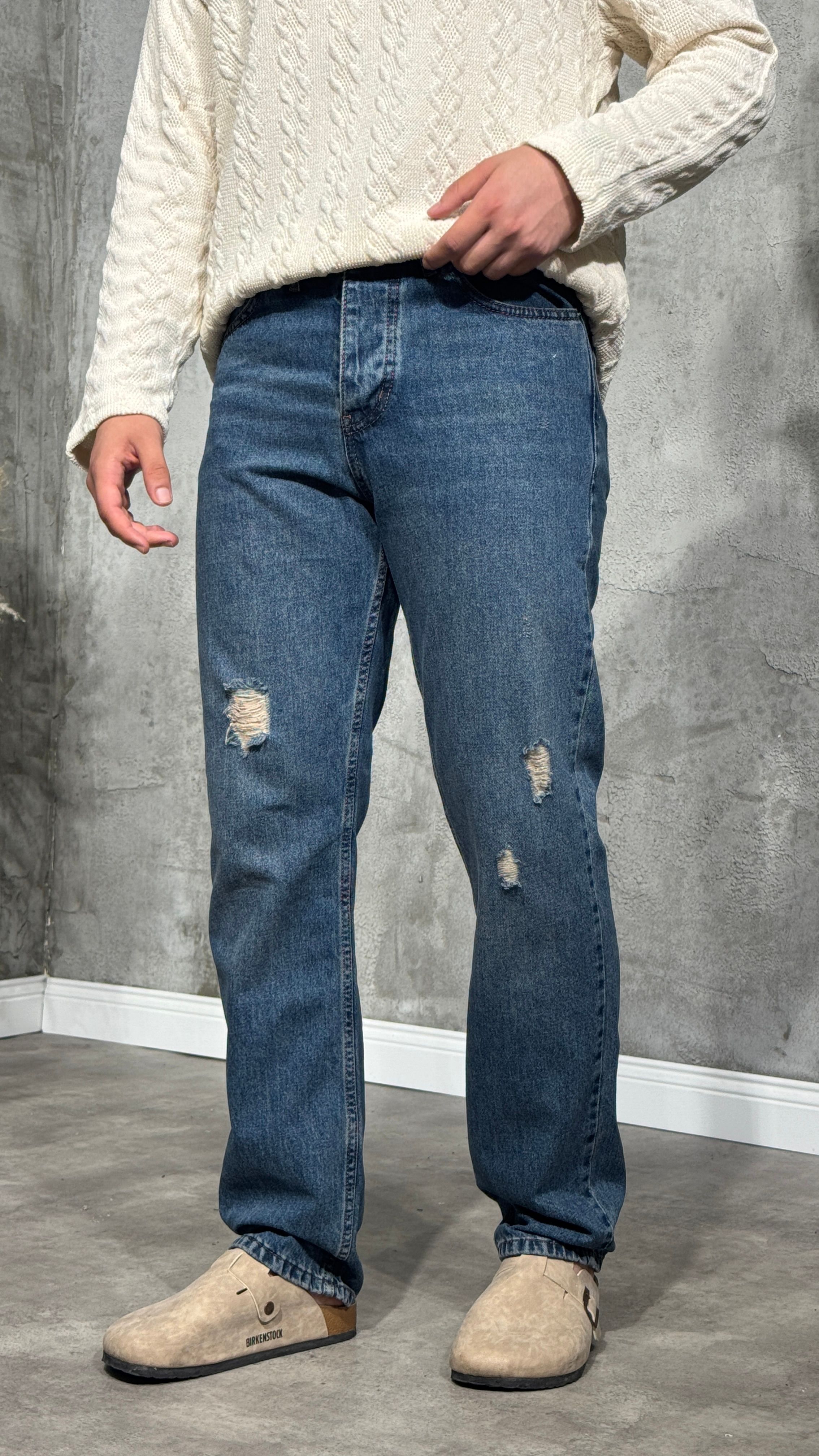 Erkek Regular Fit Yırtıklı Mavi Kot Pantolon