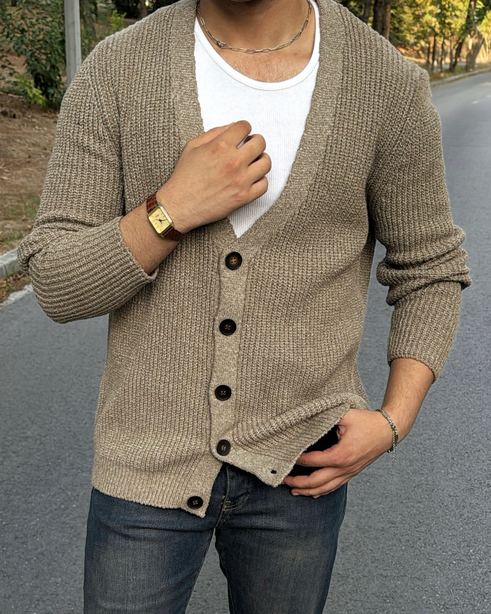 Erkek Premium Fit Kesim Düğmeli Hırka - Vizon