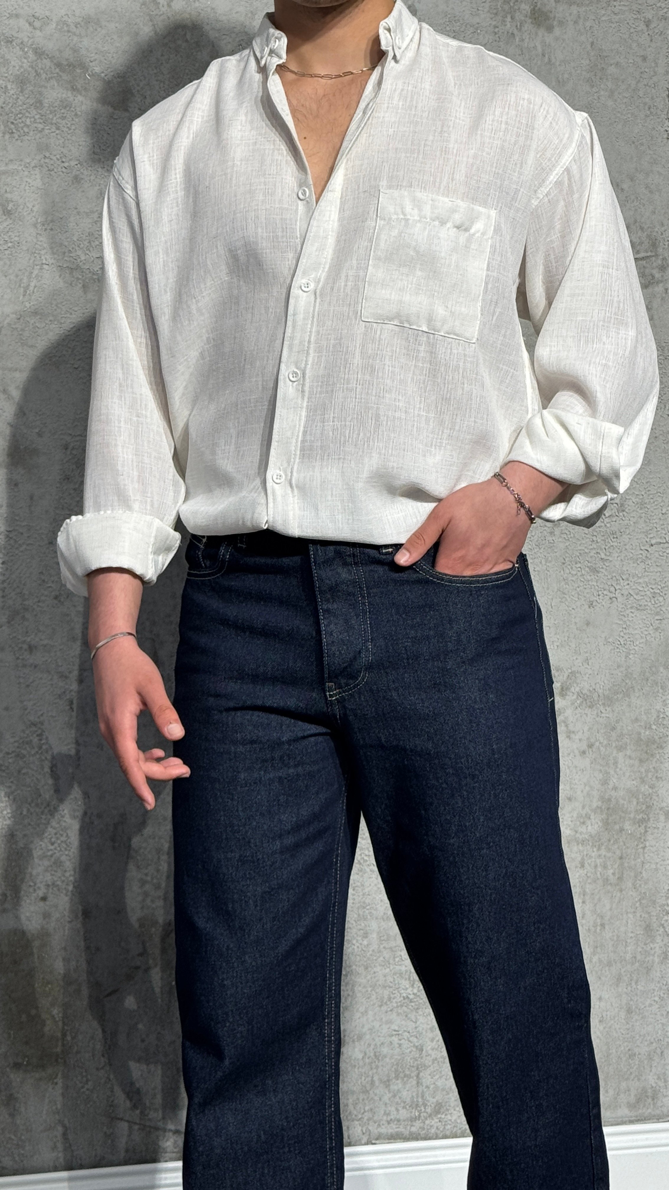 Oversize Fit Keten Gömlek - Beyaz