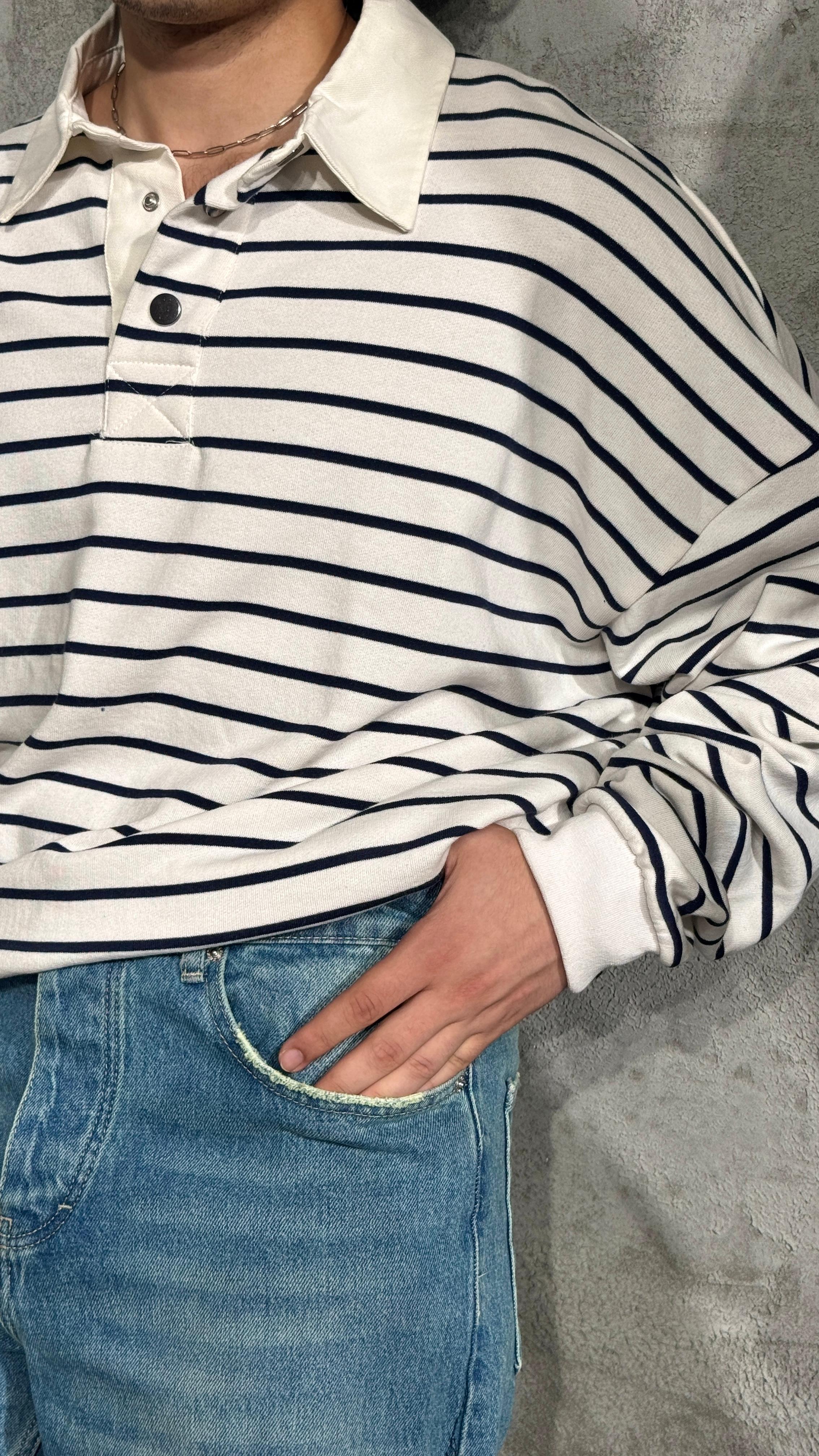 Erkek Oversize Polo Yaka Çizgili Premium Uzun Kollu Tişört