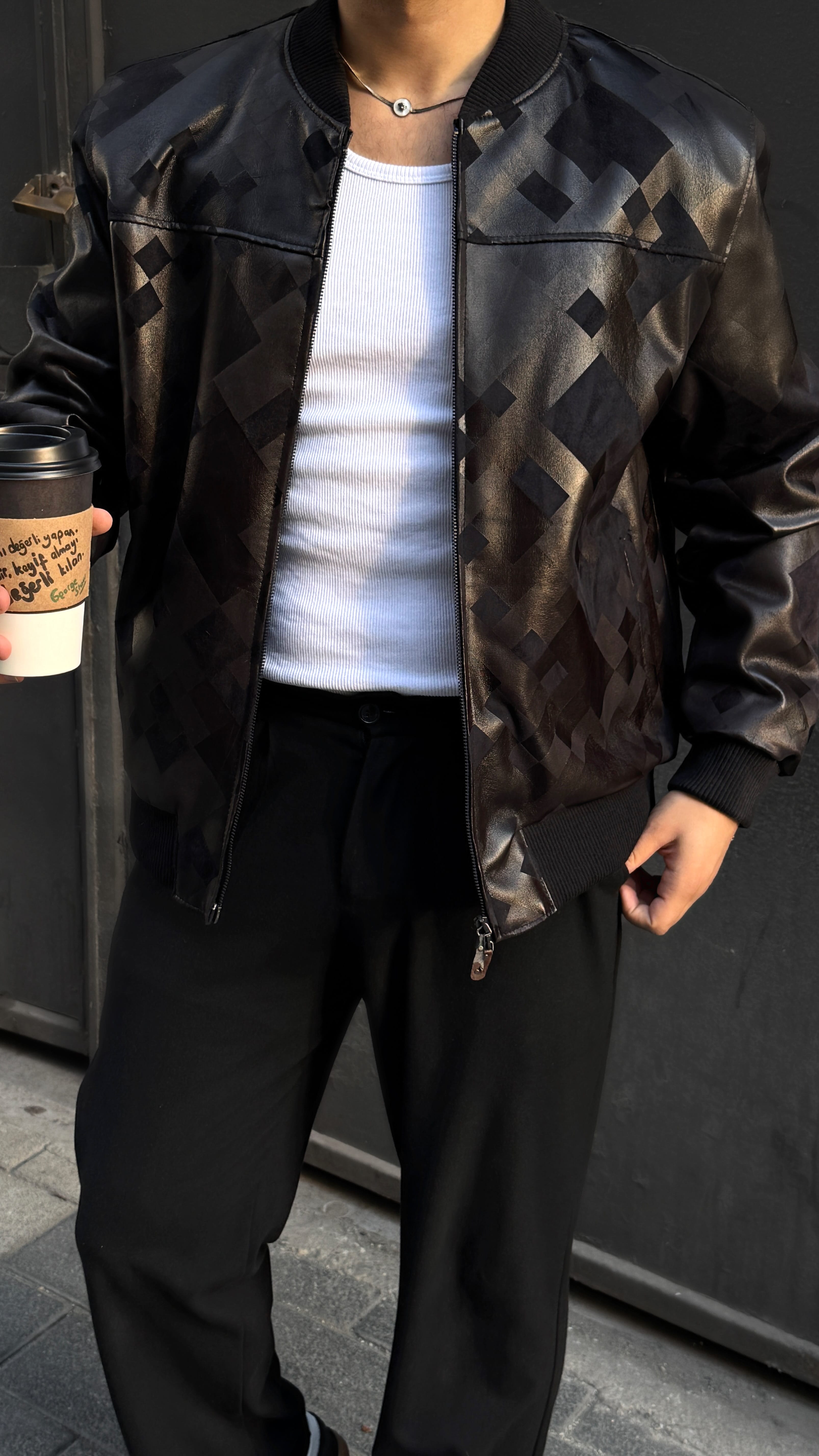 Oversize Bomber Desen Detaylı Premium Deri Ceket