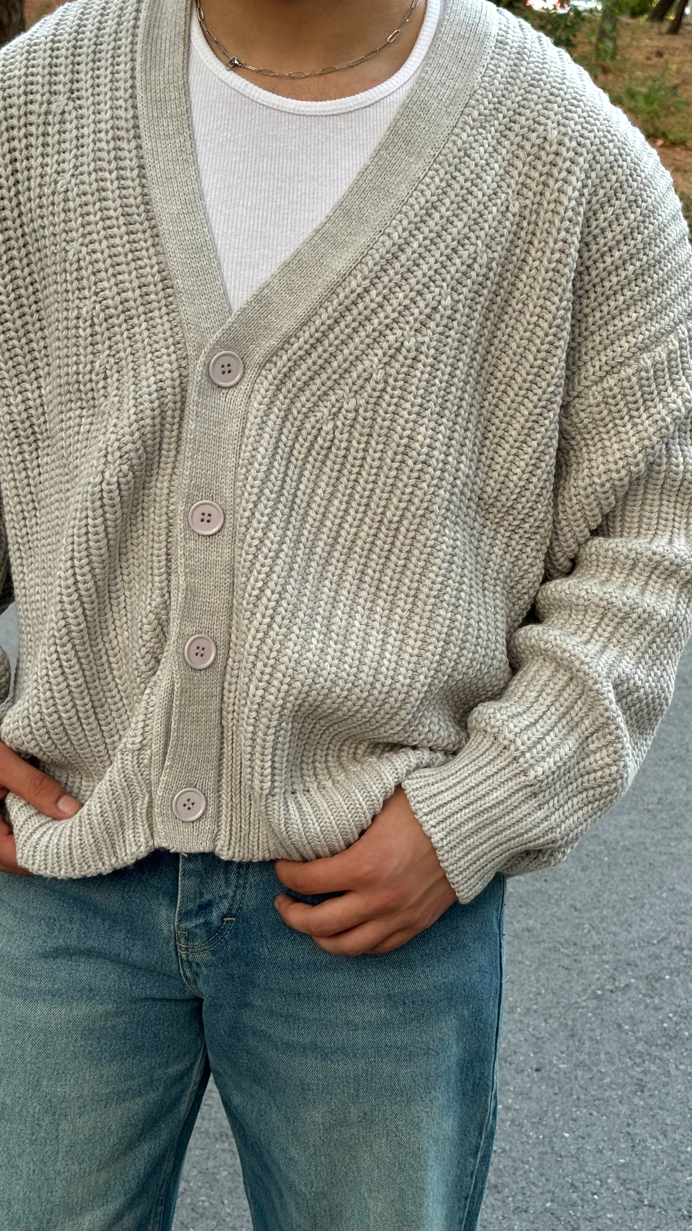 Erkek Oversize Düğmeli Örgü Hırka Kazak