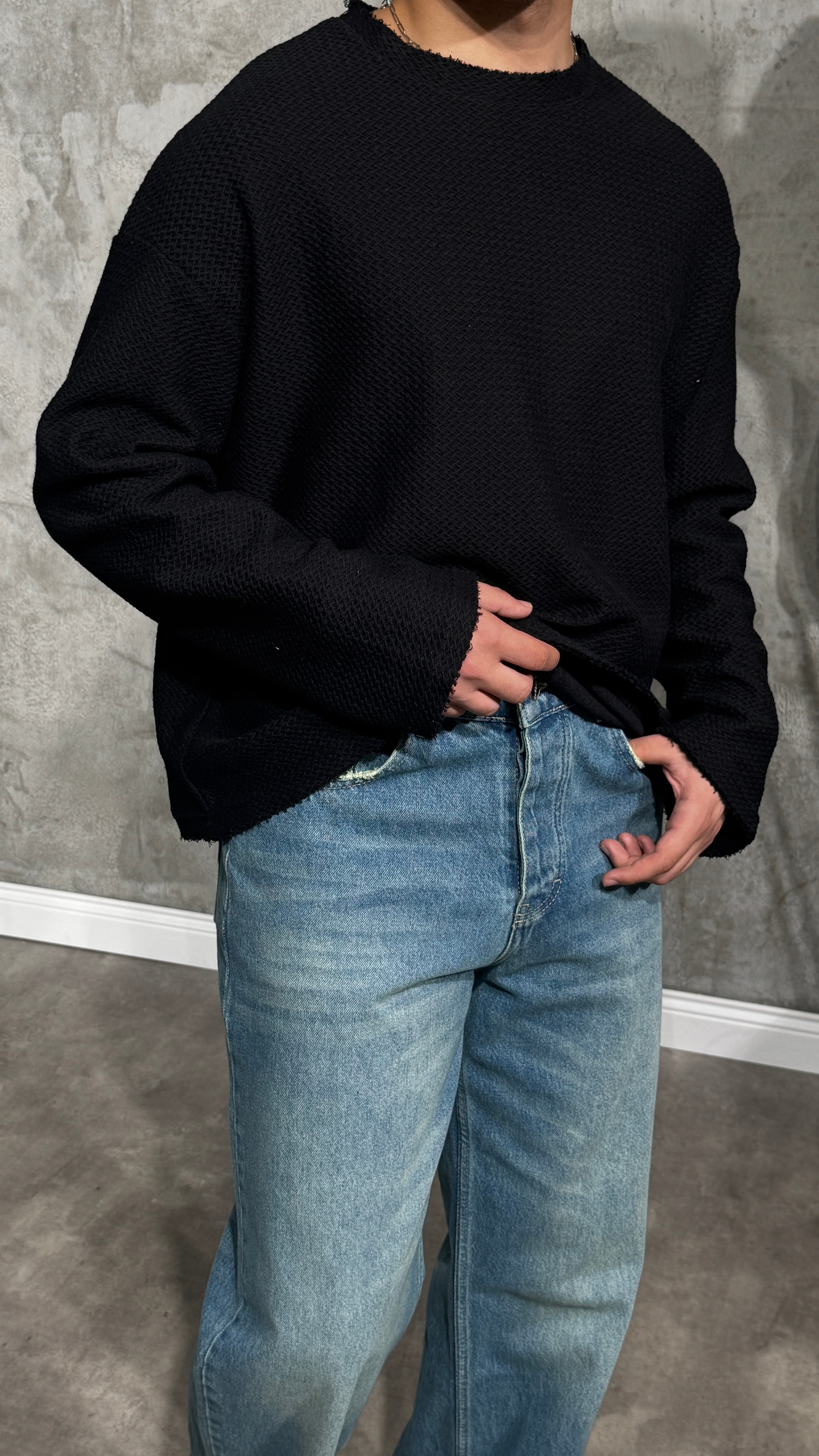 Erkek Oversize Crop Kesim Desenli Uzun Kol Tişört