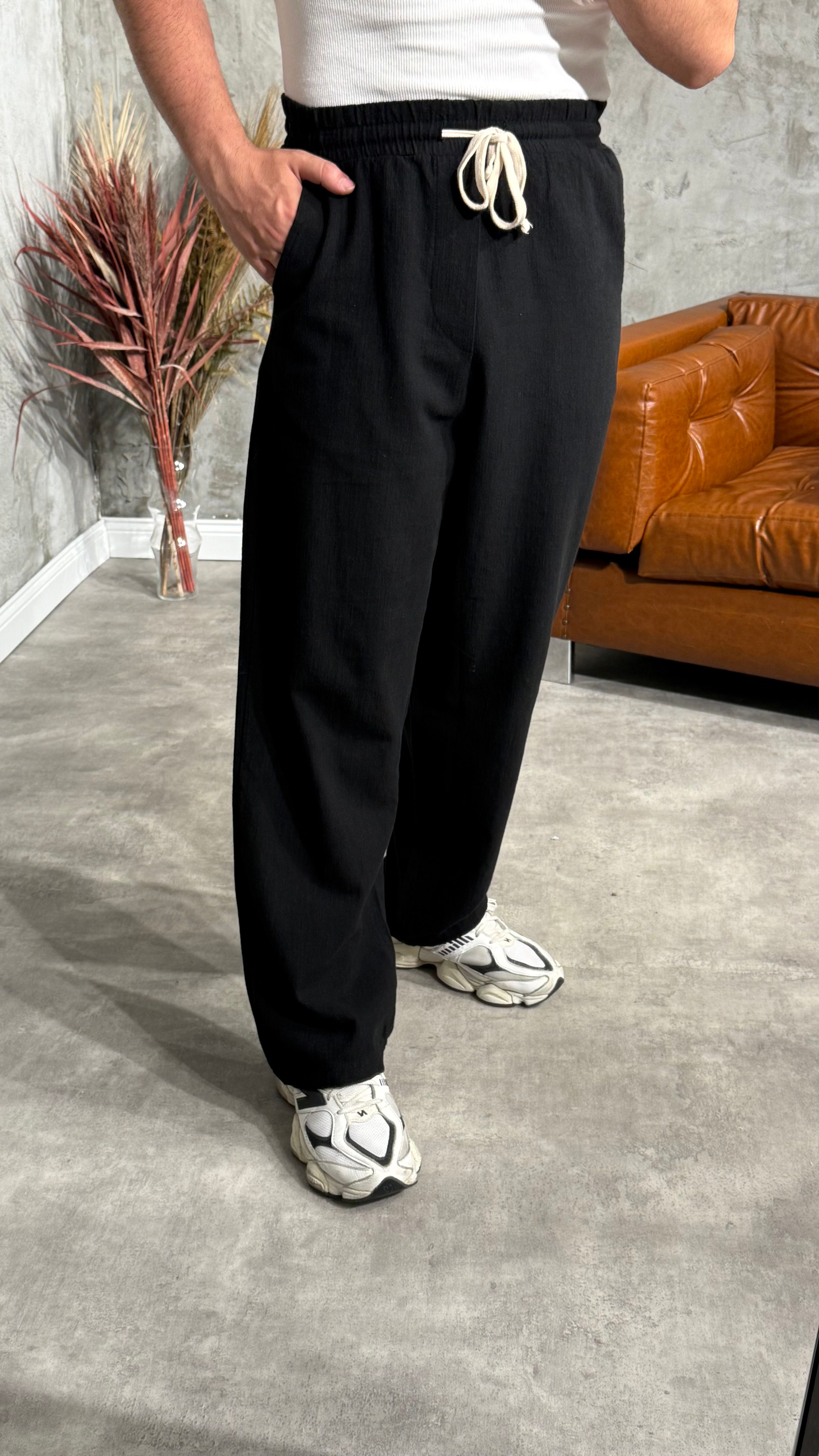 Premium Baggy Bol Keten Pantolon - Siyah