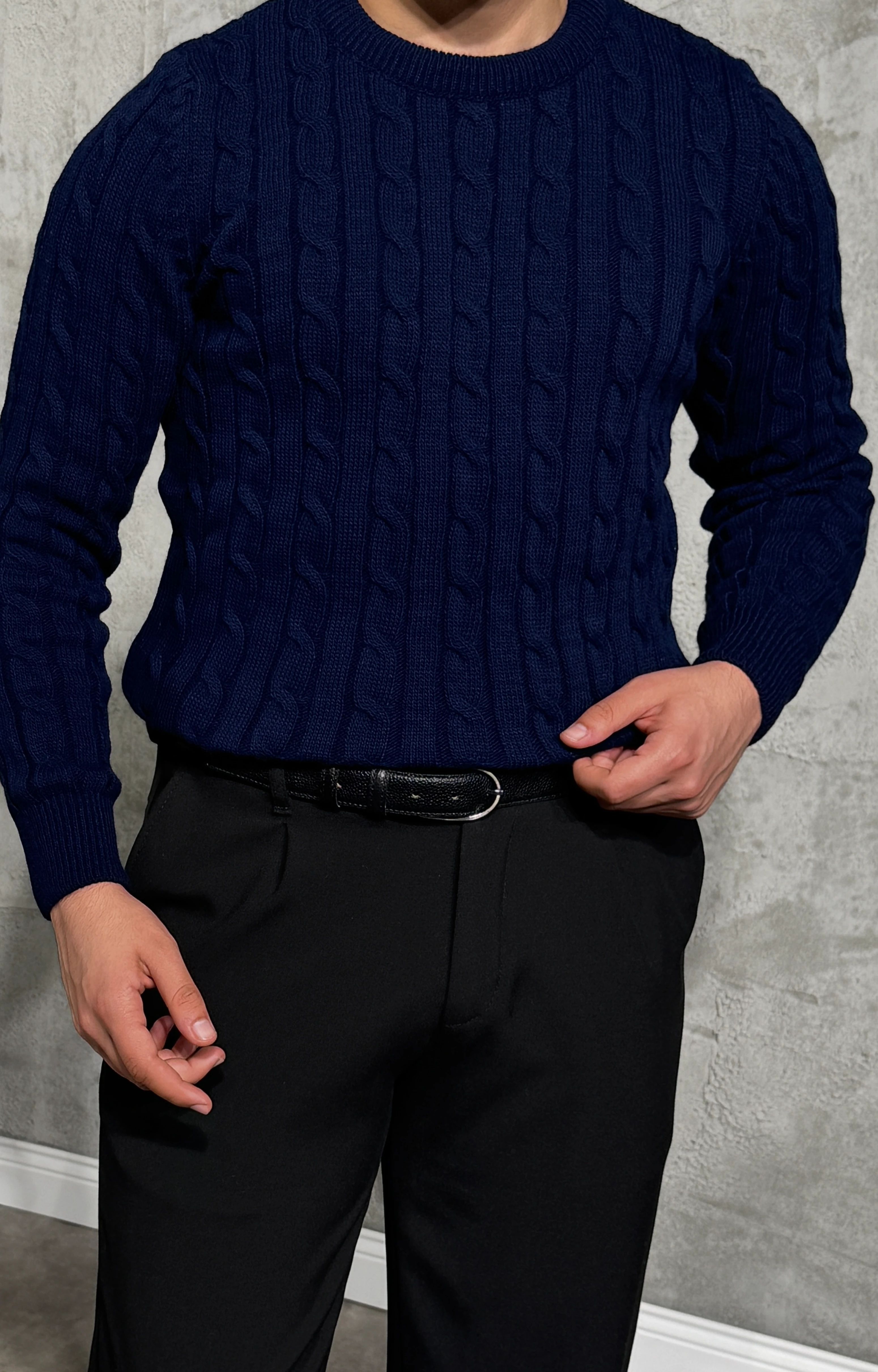 Erkek Bisiklet Yaka Desenli Fit Kazak - Koyu Lacivert