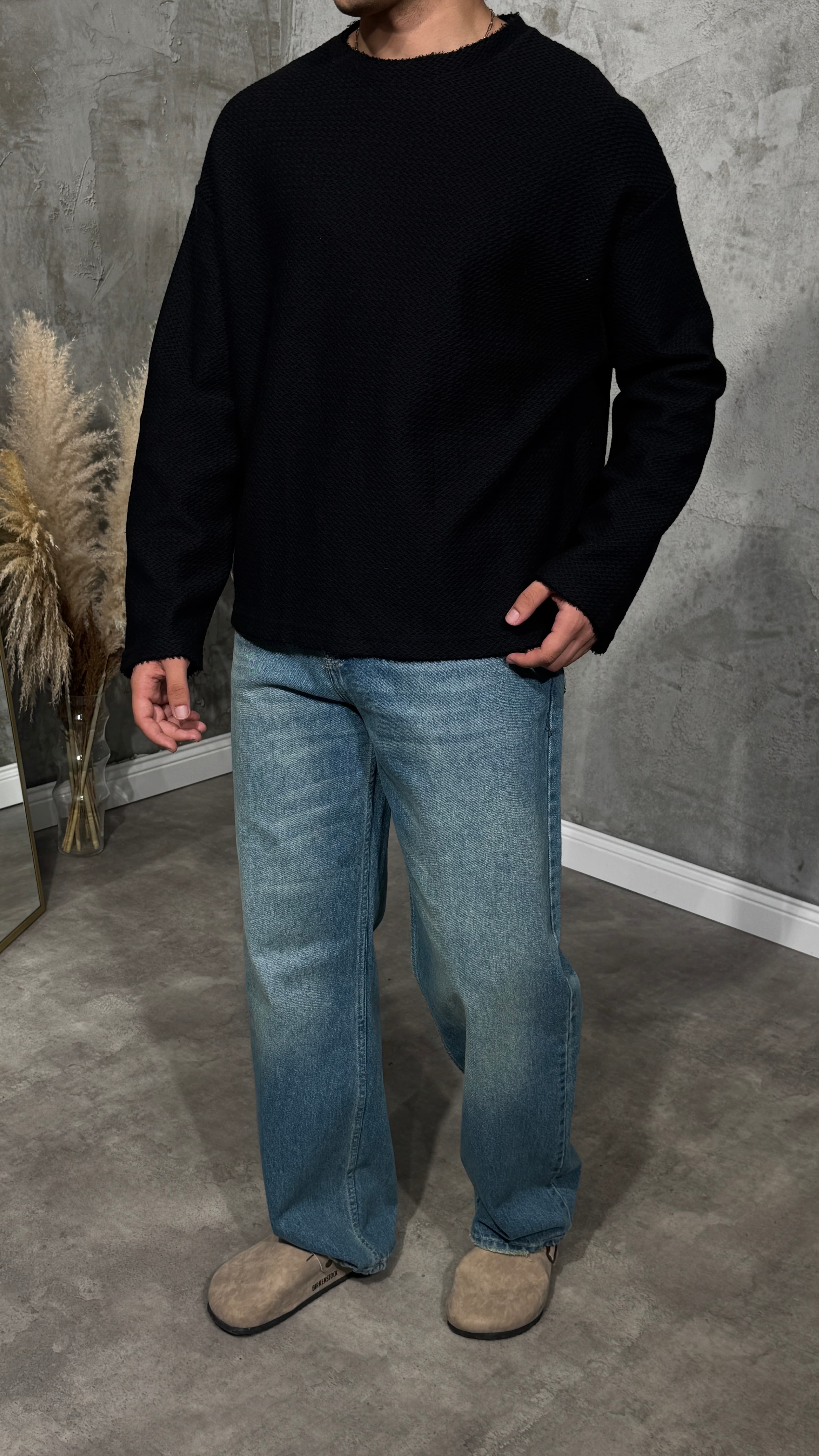 Erkek Oversize Crop Kesim Desenli Uzun Kol Tişört