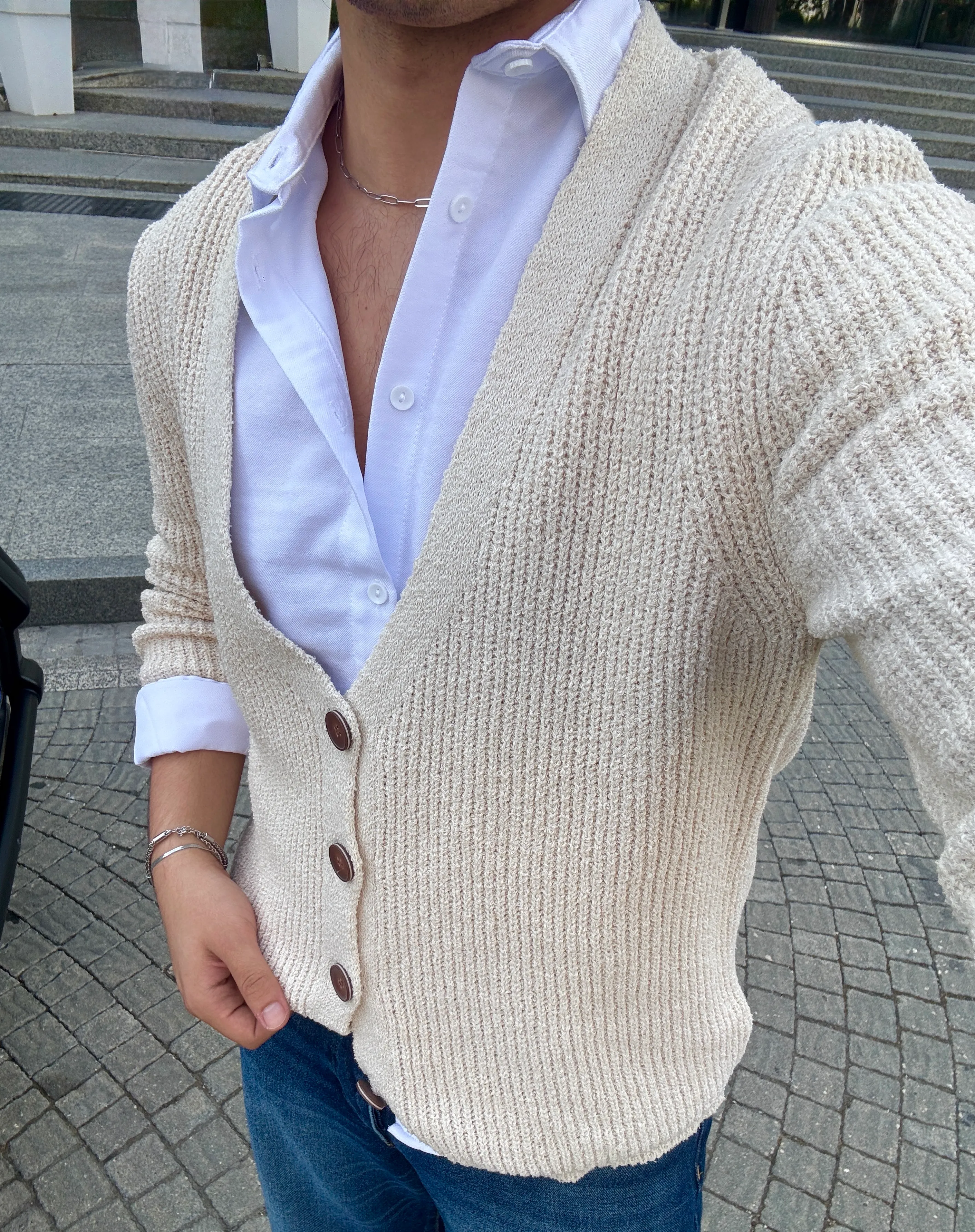 Erkek Premium Fit Kesim Düğmeli Hırka - Krem