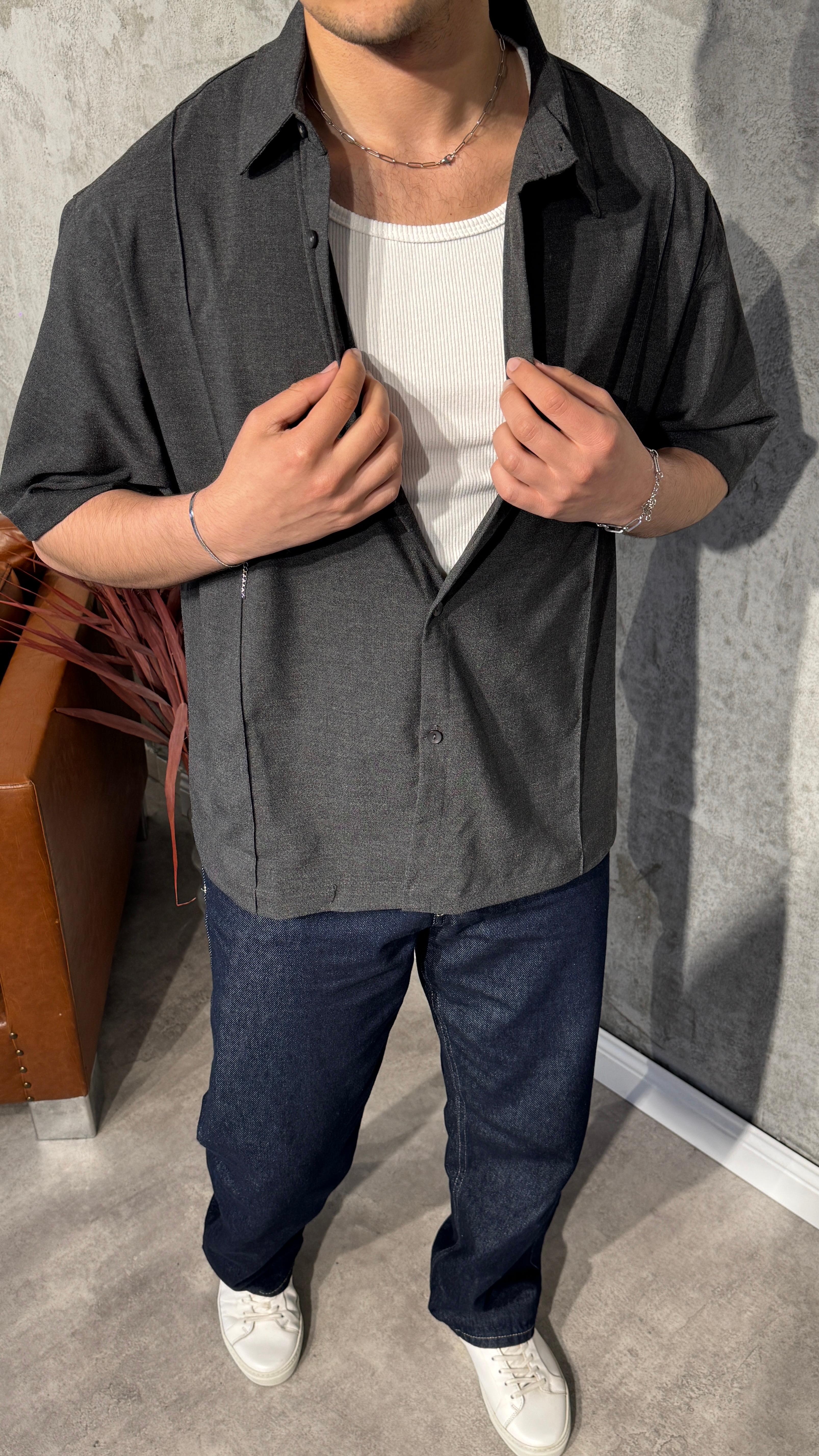 Oversize Kısa Kol Keten Gömlek - Füme