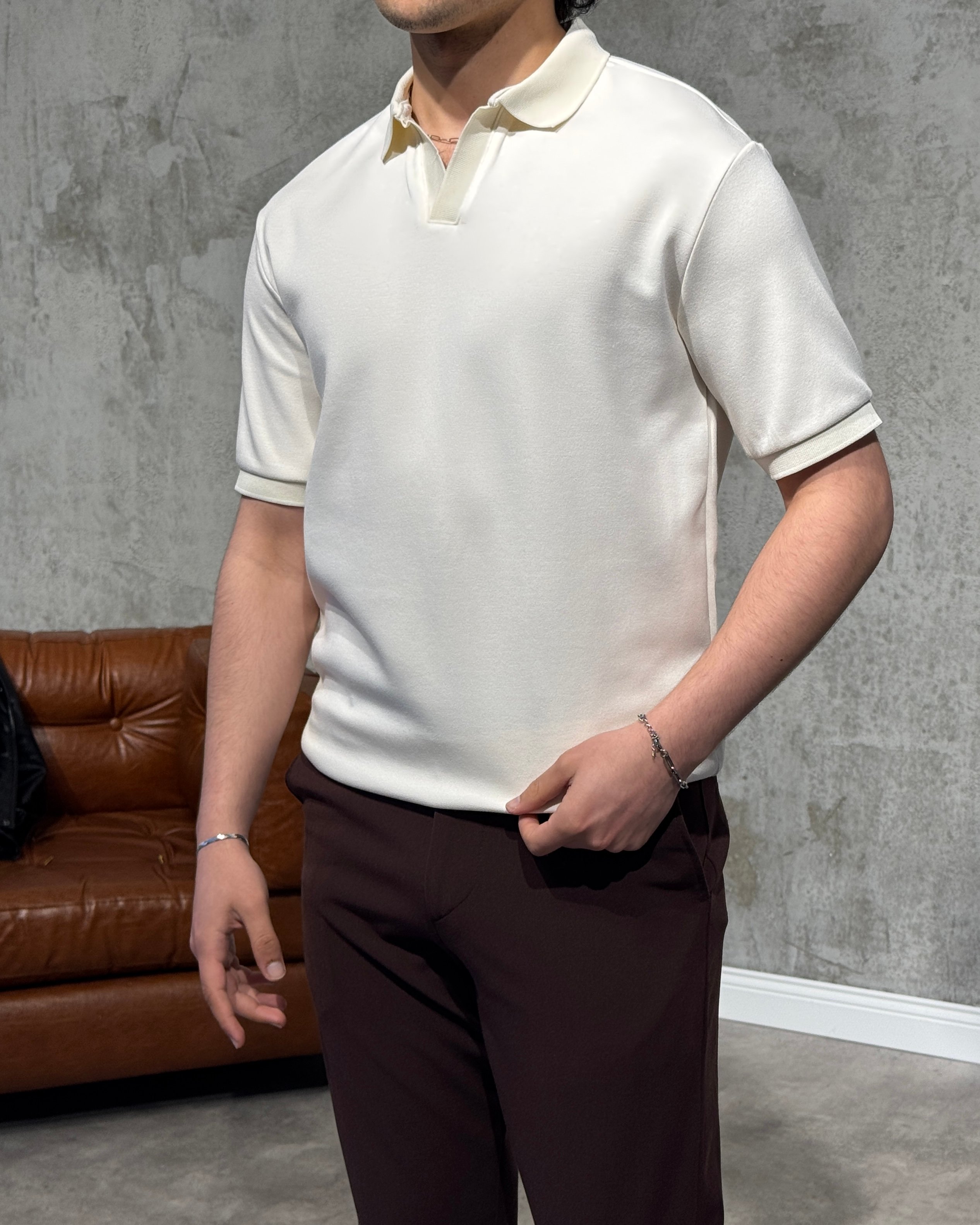Modal Kumaş Polo Yaka Tişört - Kırık Beyaz