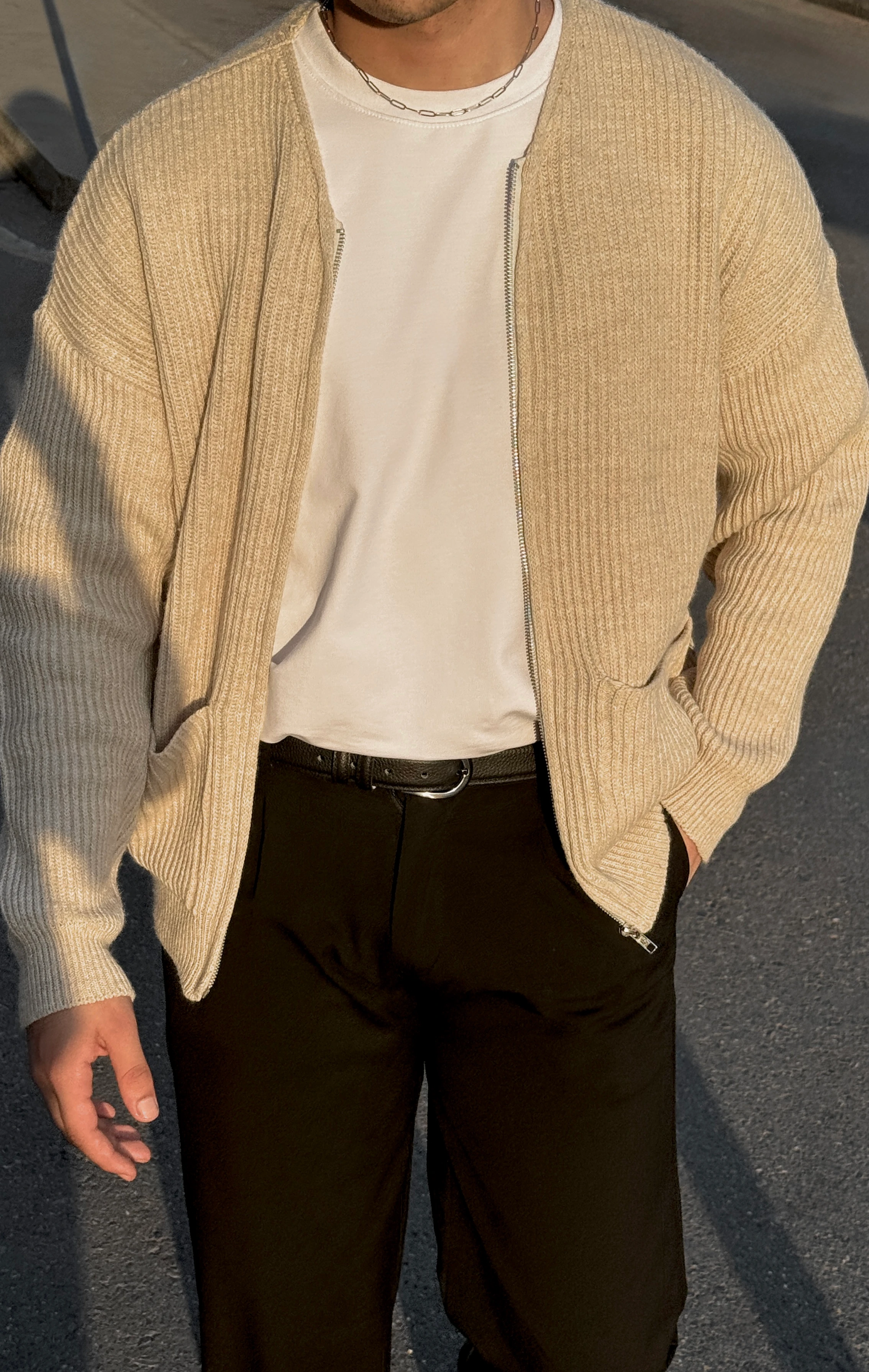 Erkek Old Money Fermuarlı Örgü Hırka Kazak - Krem