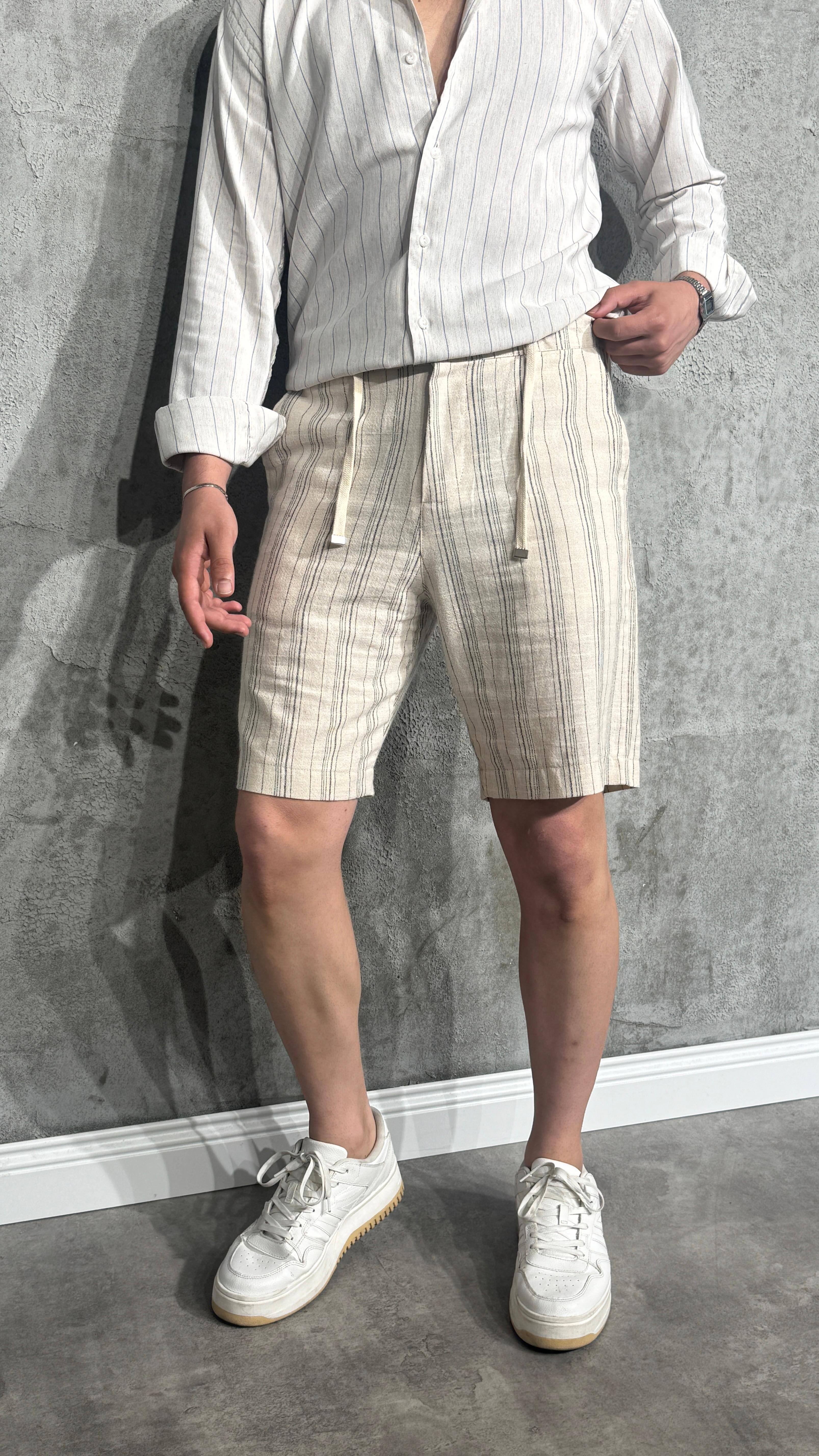 Çizgi Detaylı Baggy Keten Şort