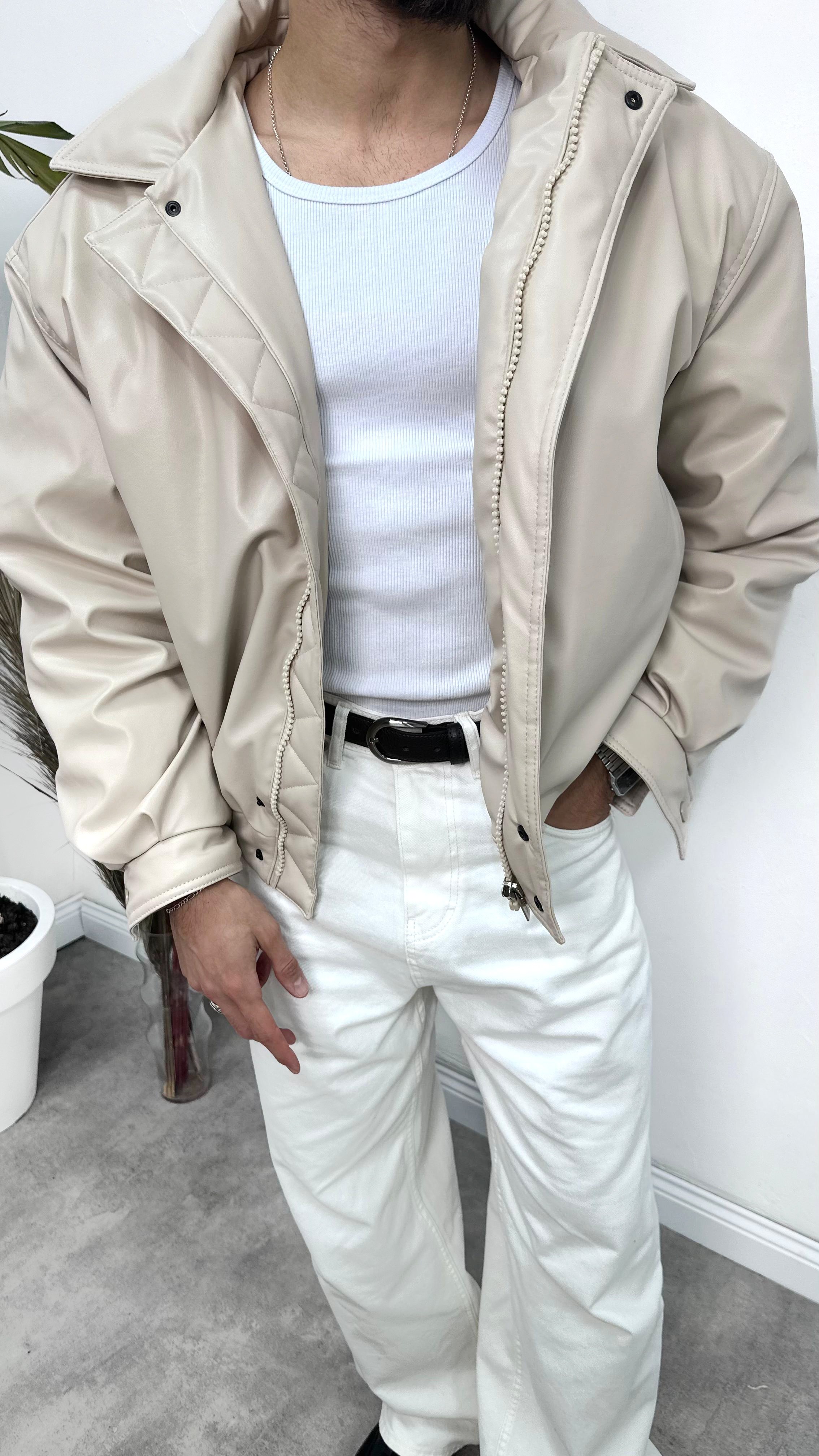 Premium Model Oversize Bomber Deri Mont - Krem