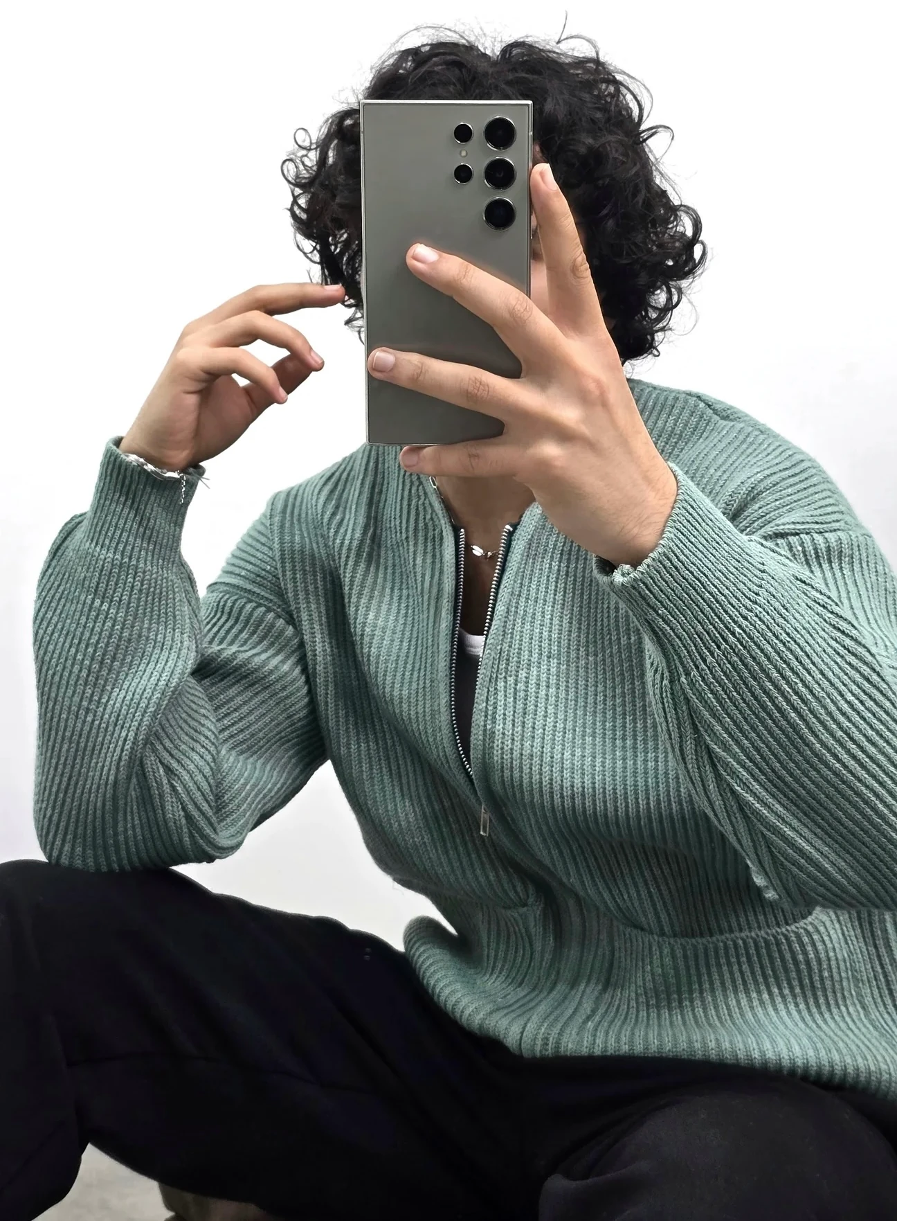 Erkek Old Money Fermuarlı Örgü Hırka Kazak - Turkuaz