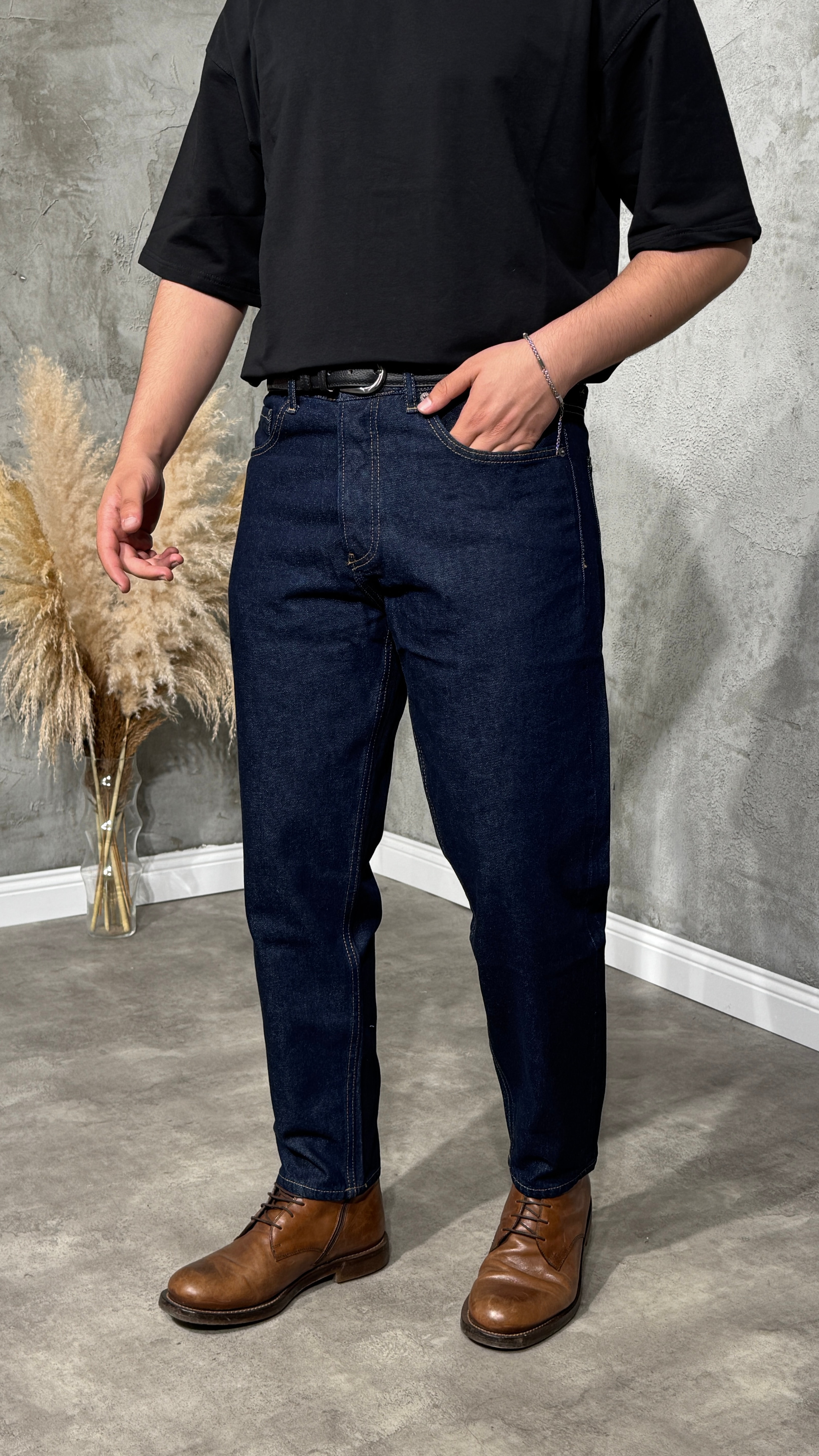 Erkek Yüksek Kalite Koyu Mavi Boyfriend Kesim Jean Pantolon