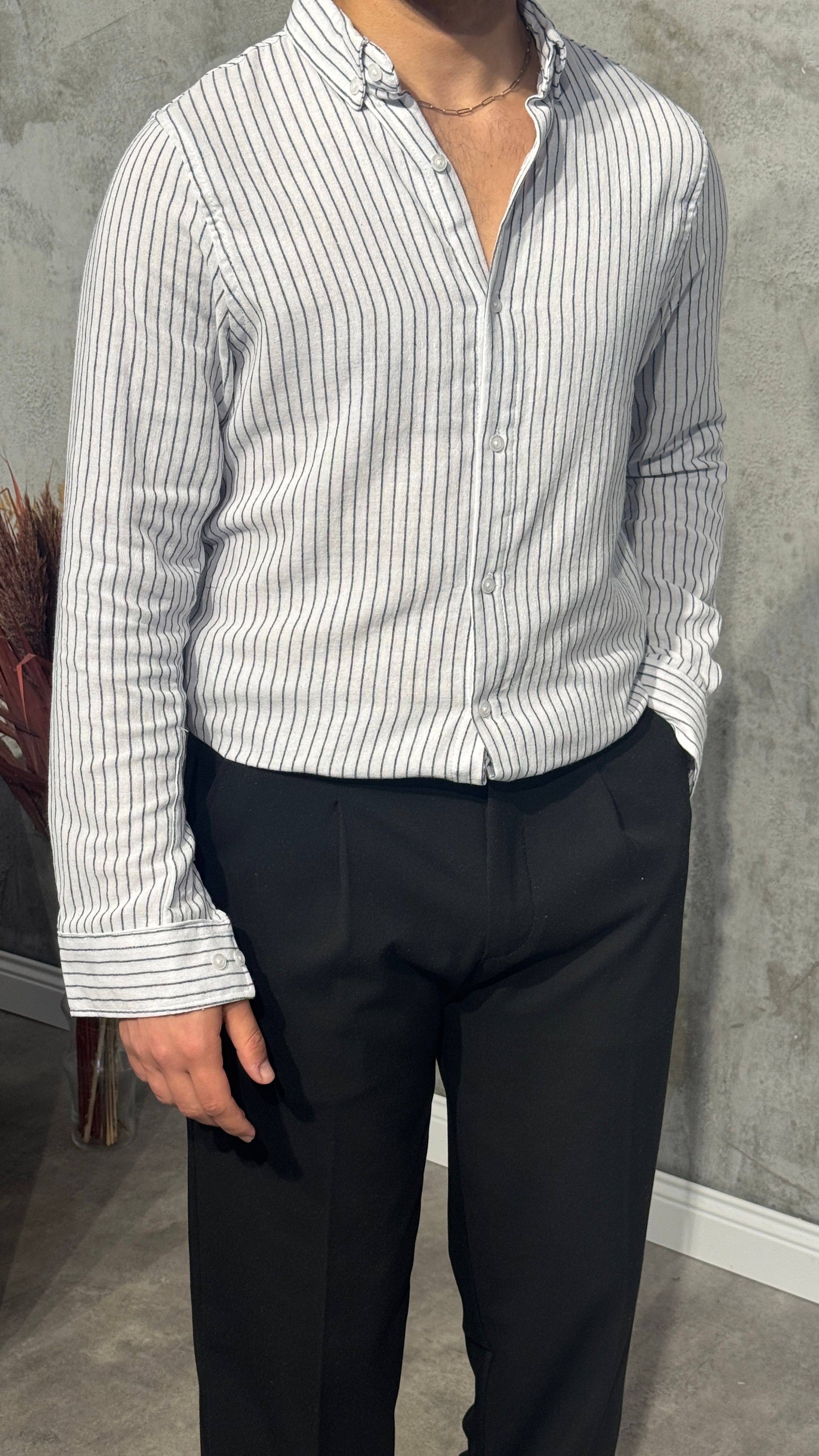 Çizgili Fit Keten Gömlek