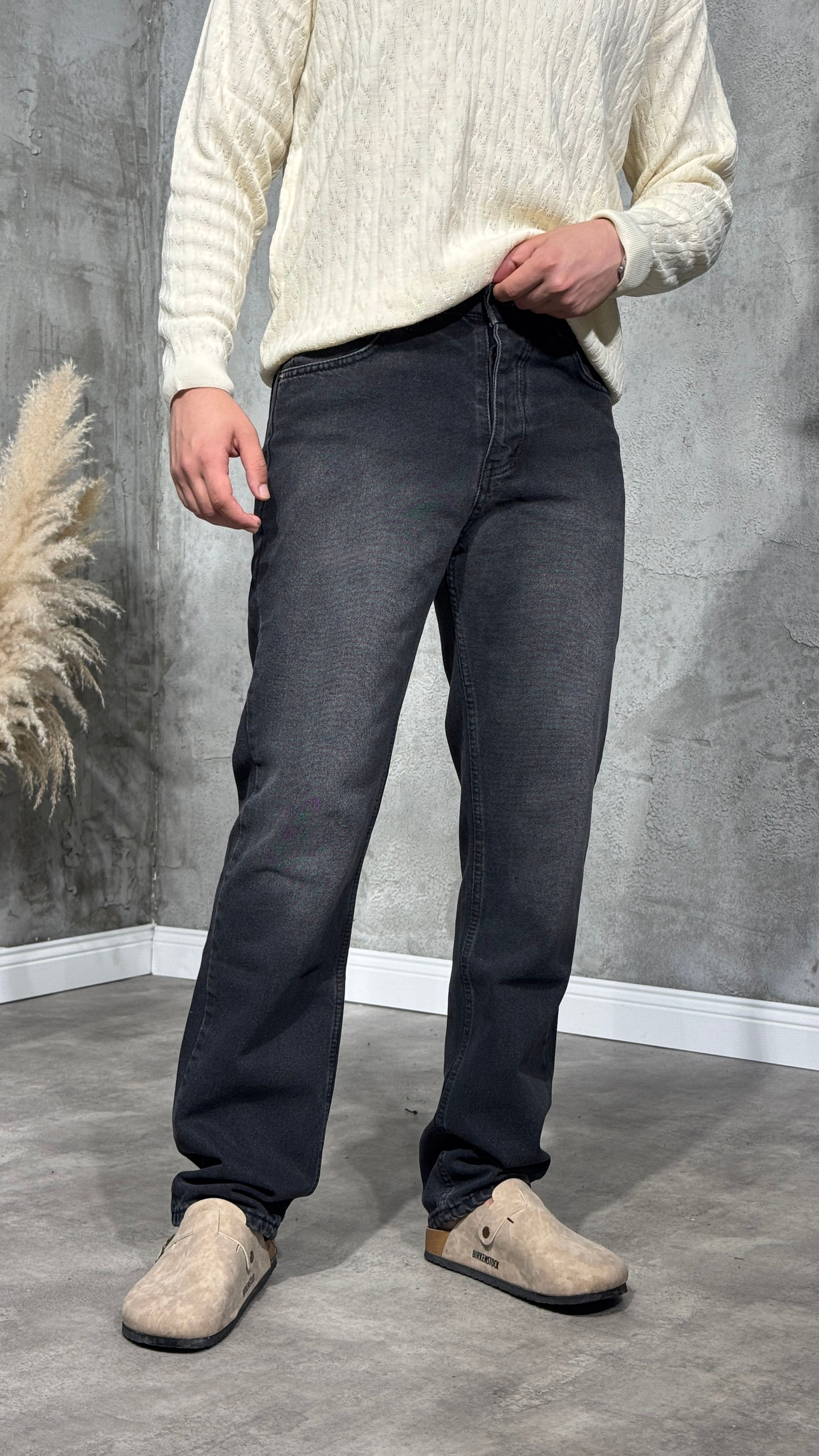 Erkek Slim Fit Yıkamalı Antrasit Kot Pantolon