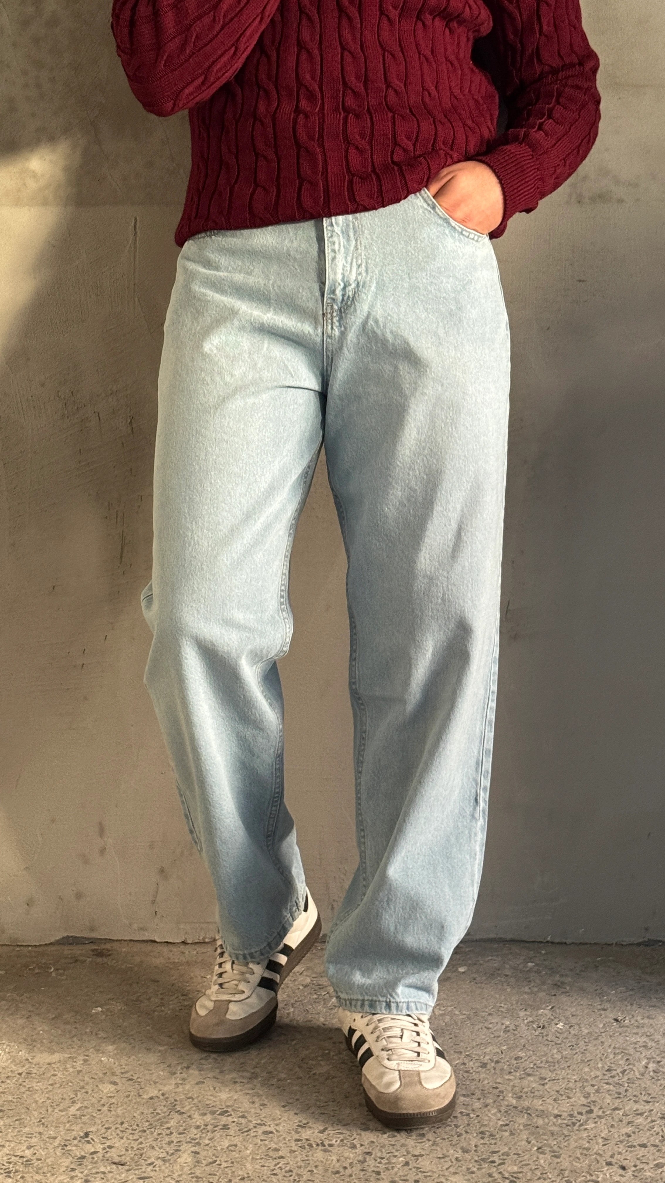 Erkek Yüksek Bel Buz Mavi Baggy Kot Pantolon