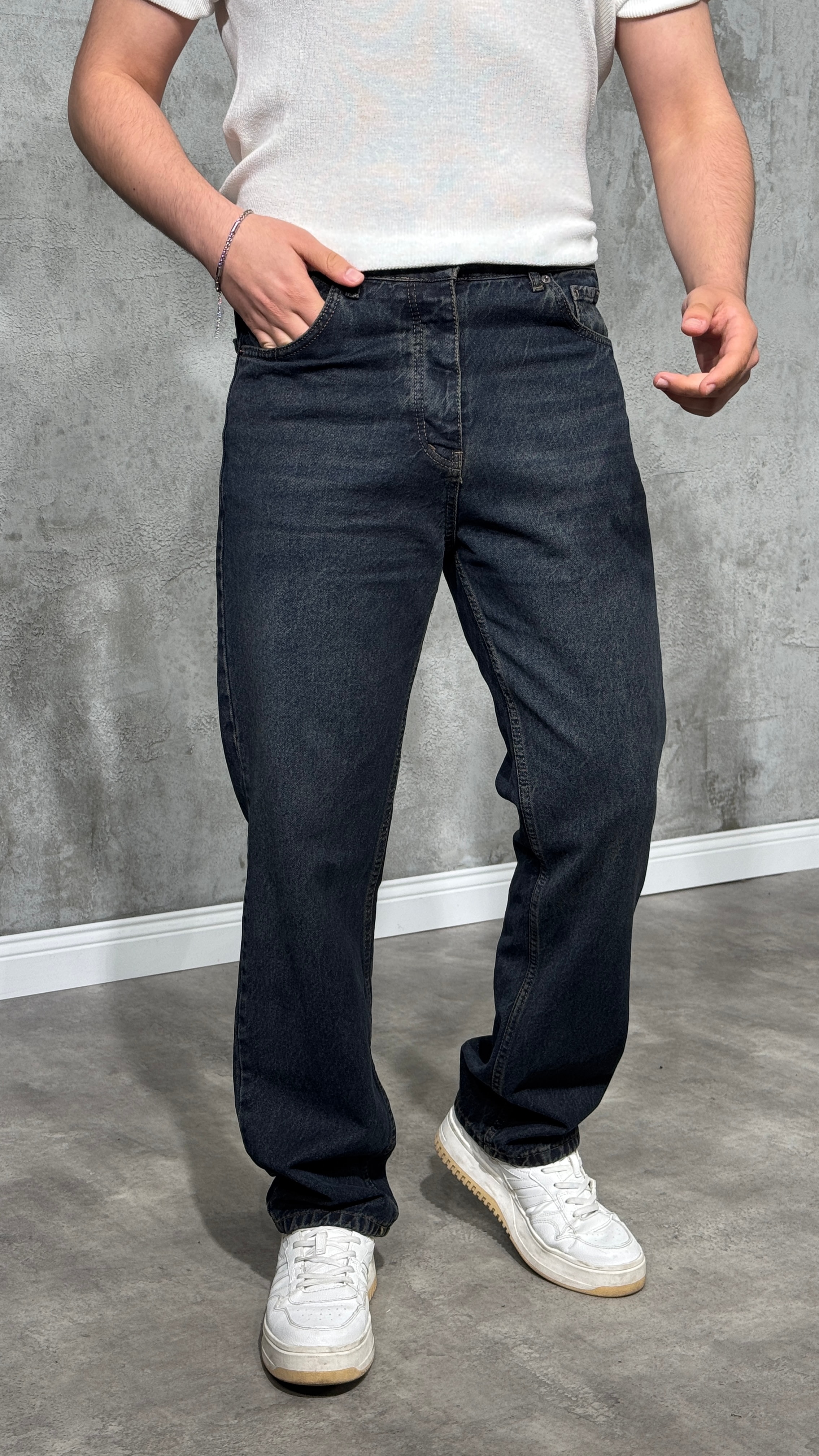 Erkek Yıkamalı Koyu İndigo Kot Pantolon 