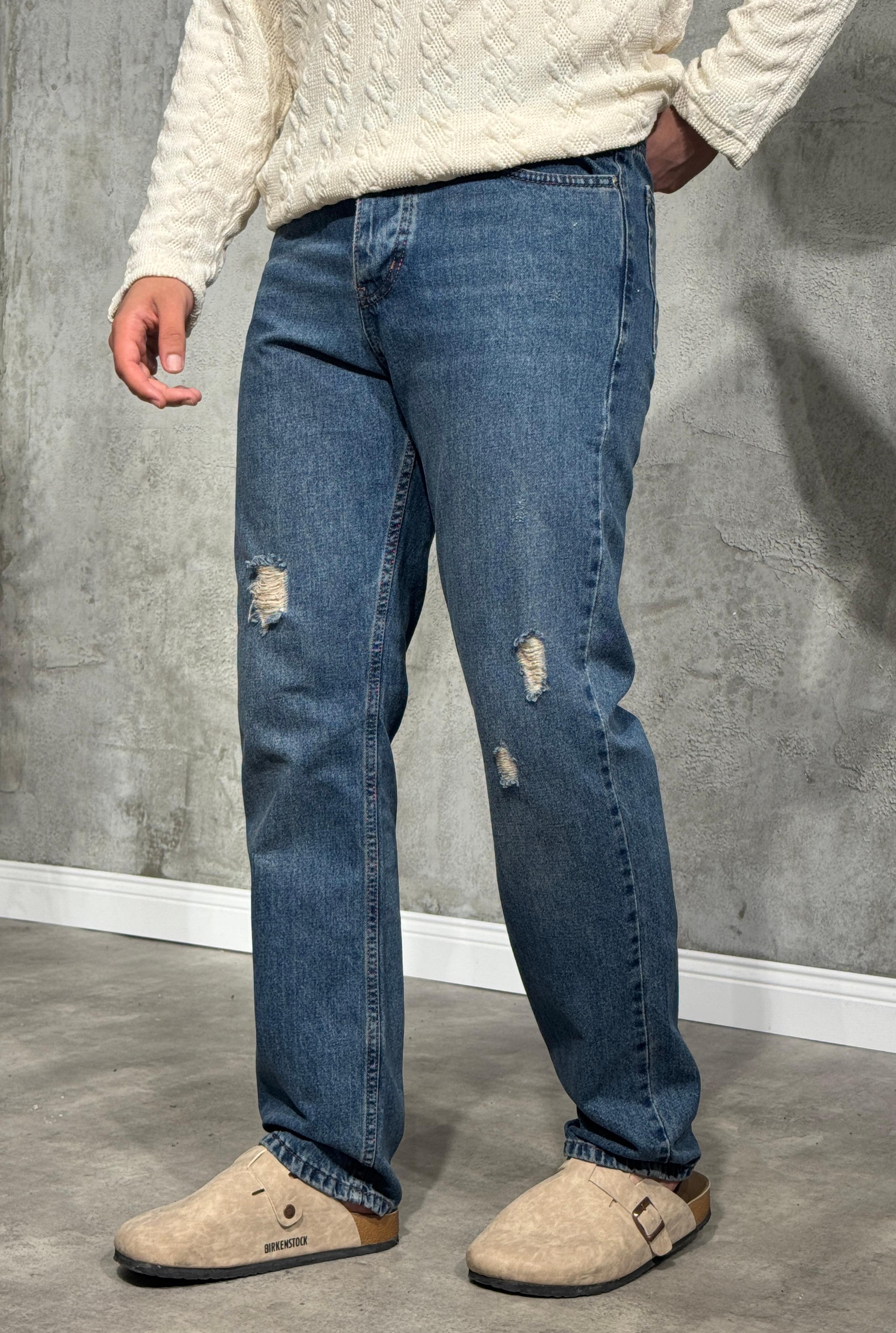 Erkek Regular Fit Yırtıklı Mavi Kot Pantolon