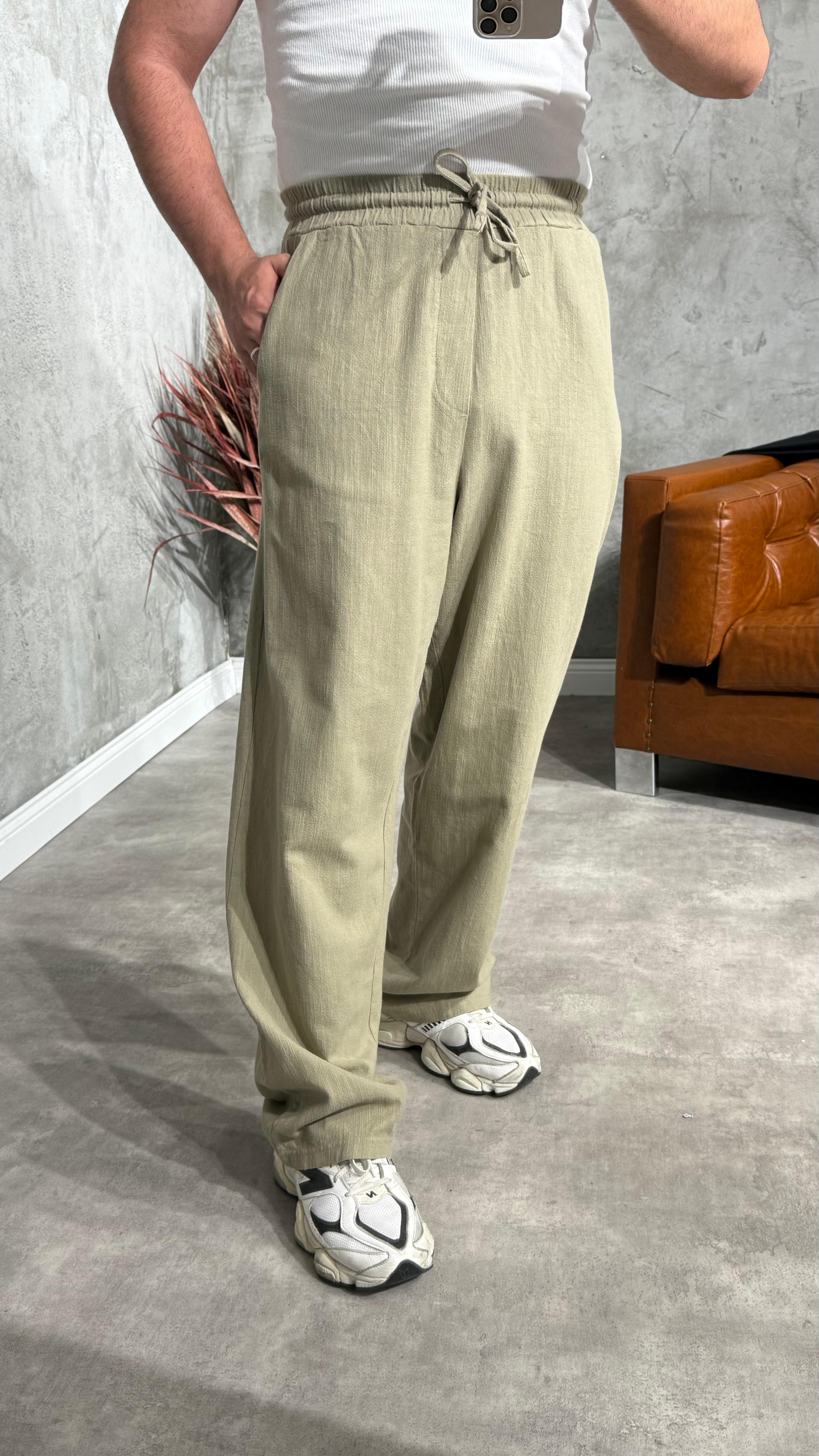 Premium Baggy Bol Keten Pantolon - Haki