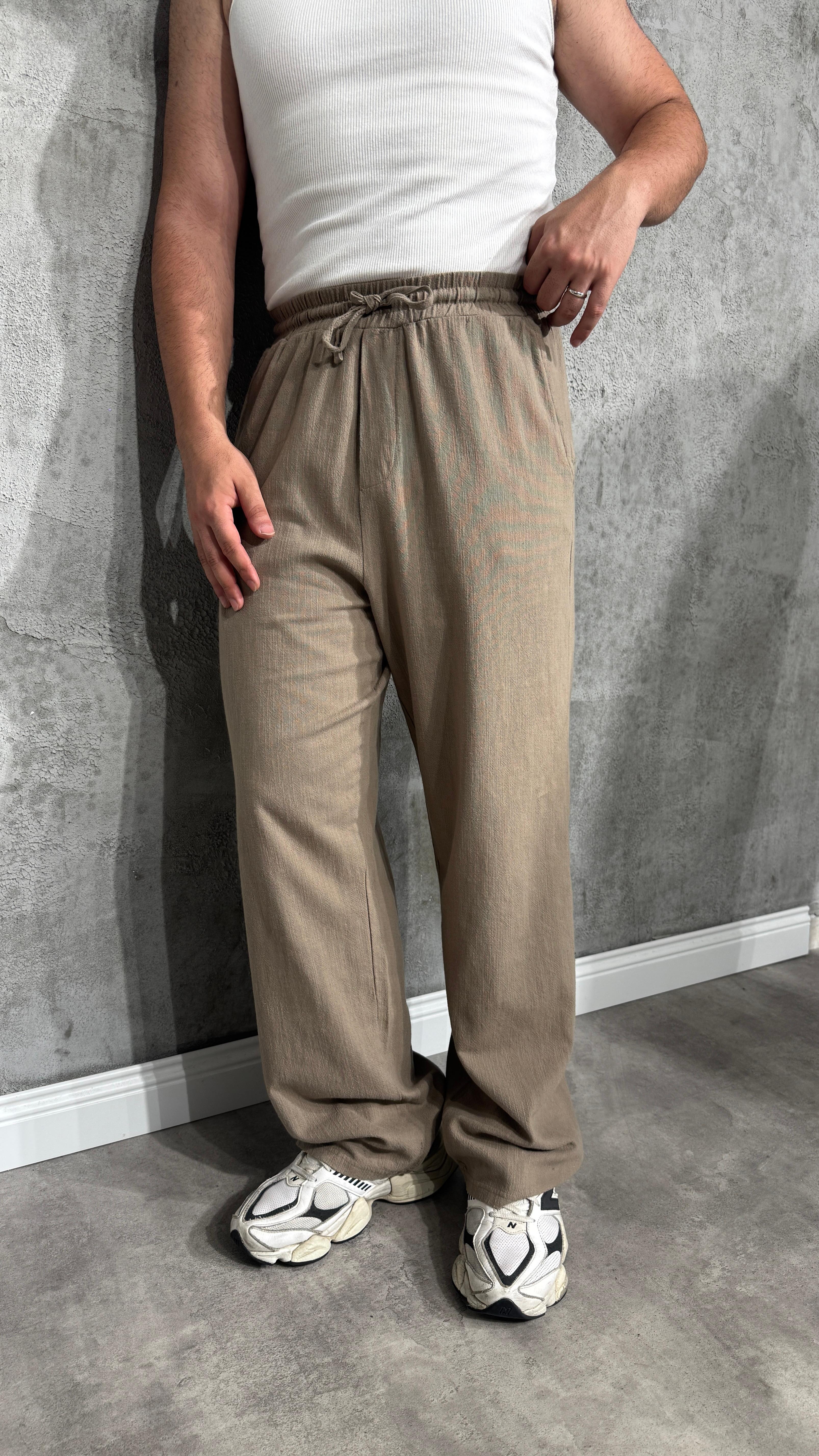 Premium Baggy Bol Keten Pantolon - Açık Kahve