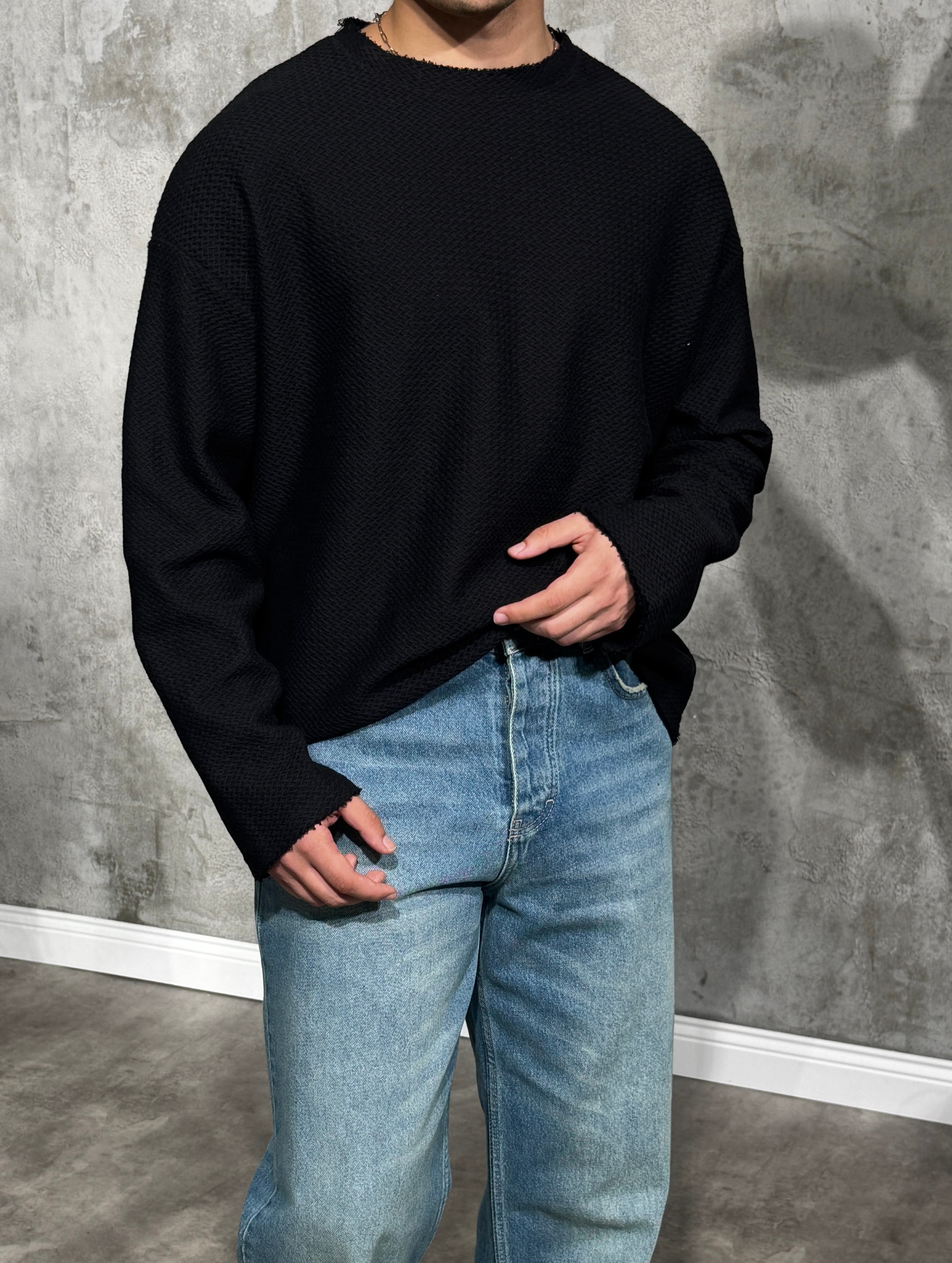 Erkek Oversize Crop Kesim Desenli Uzun Kol Tişört