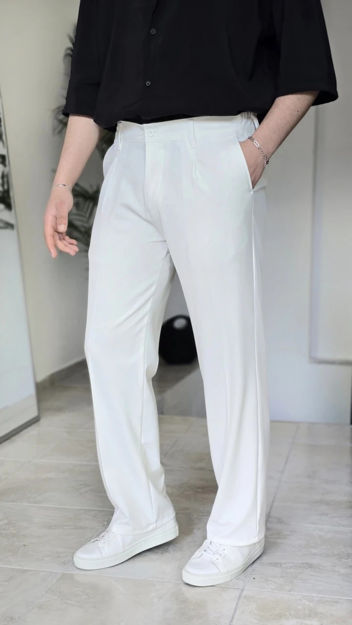 Pileli Baggy Kumaş Pantolon. - Beyaz