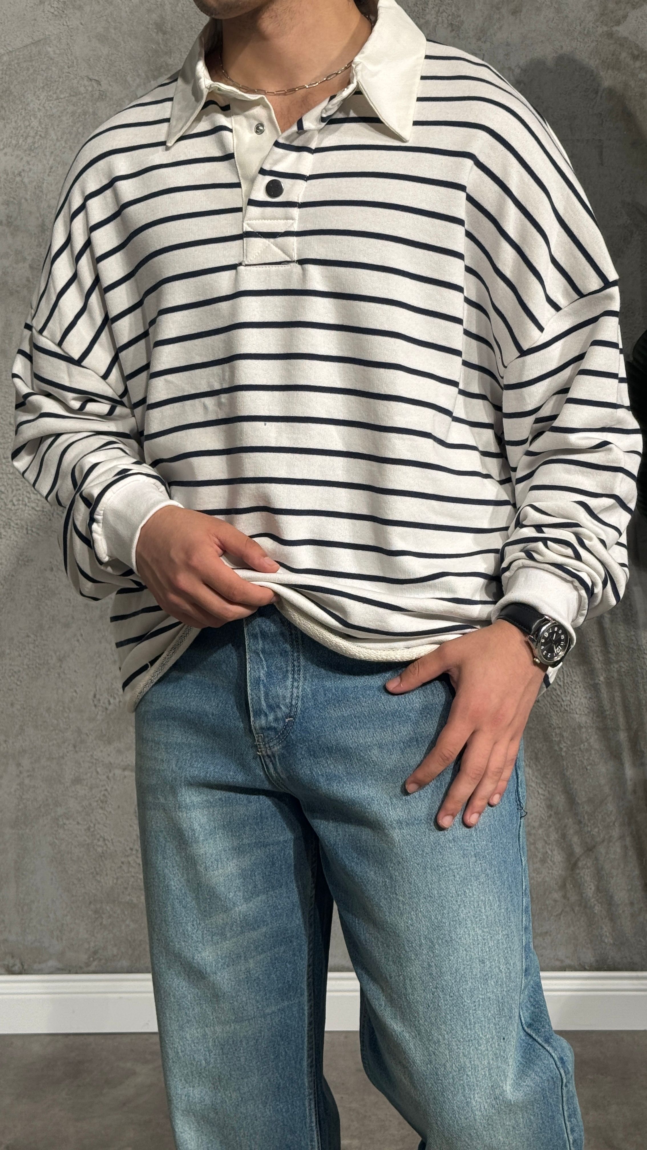 Erkek Oversize Polo Yaka Çizgili Premium Uzun Kollu Tişört