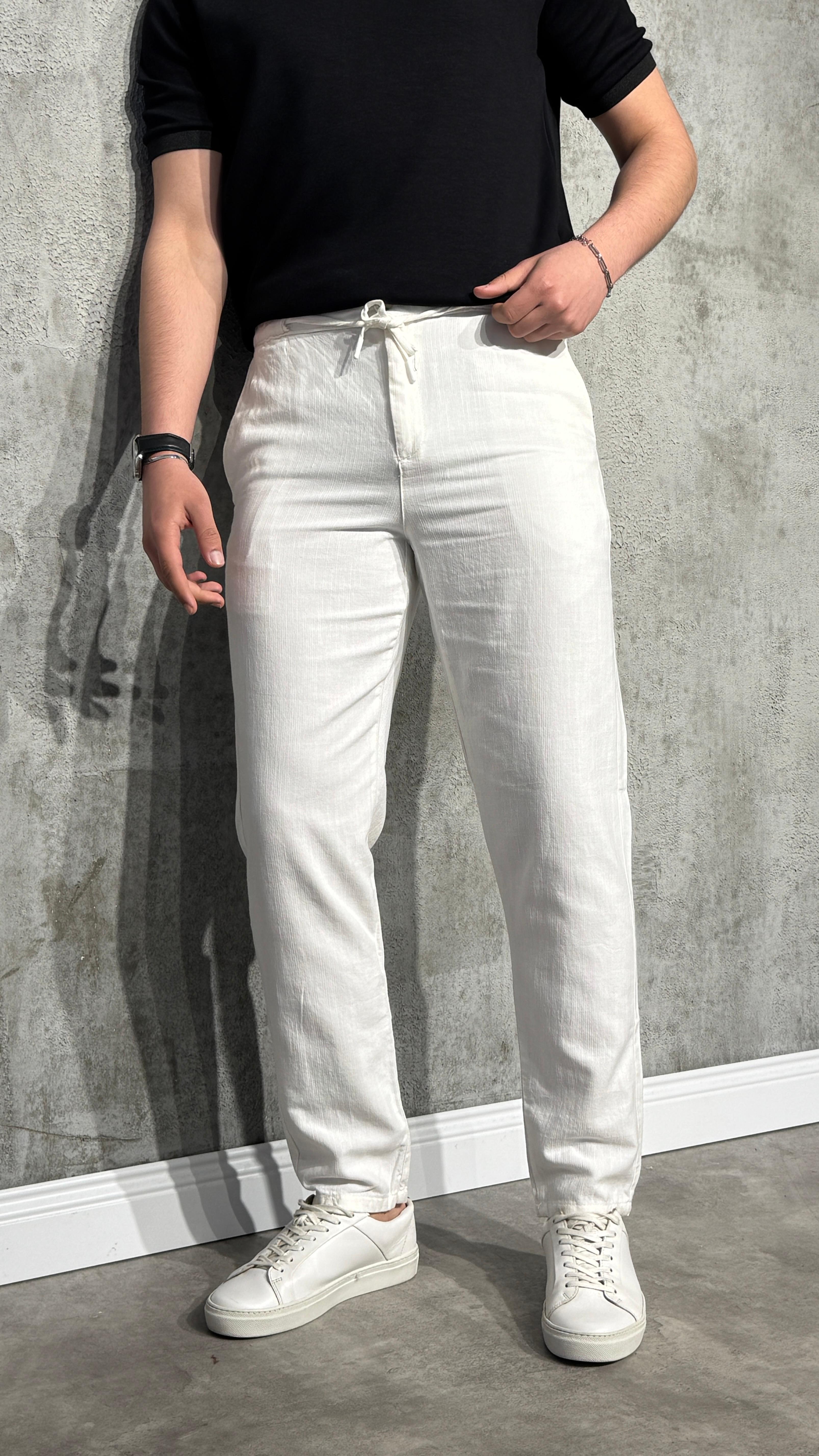 Keten Slim Pantolon - Beyaz