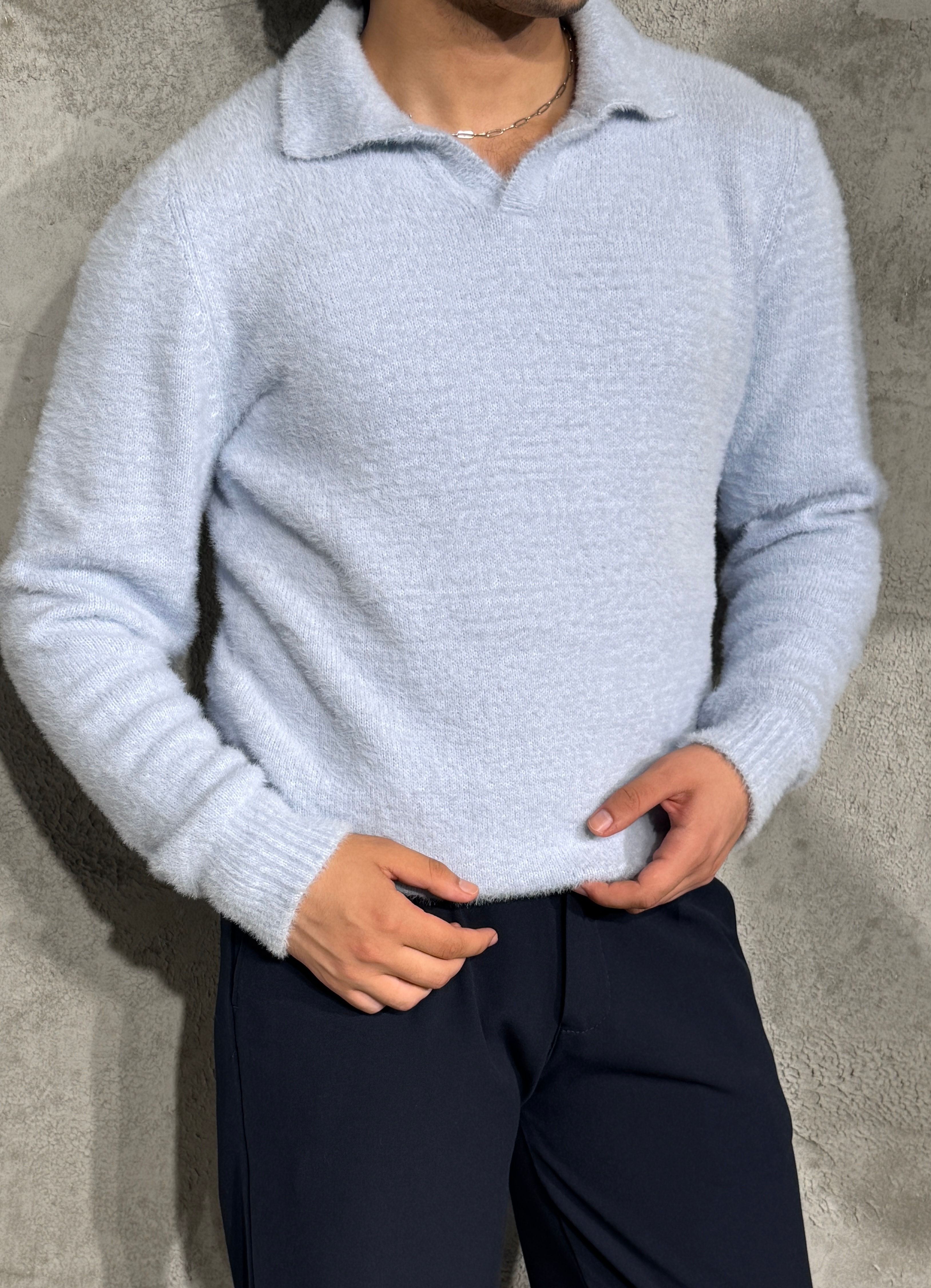 Erkek Fit Kalıp Yumuşak Kumaş Yakalı Triko - Açık Mavi