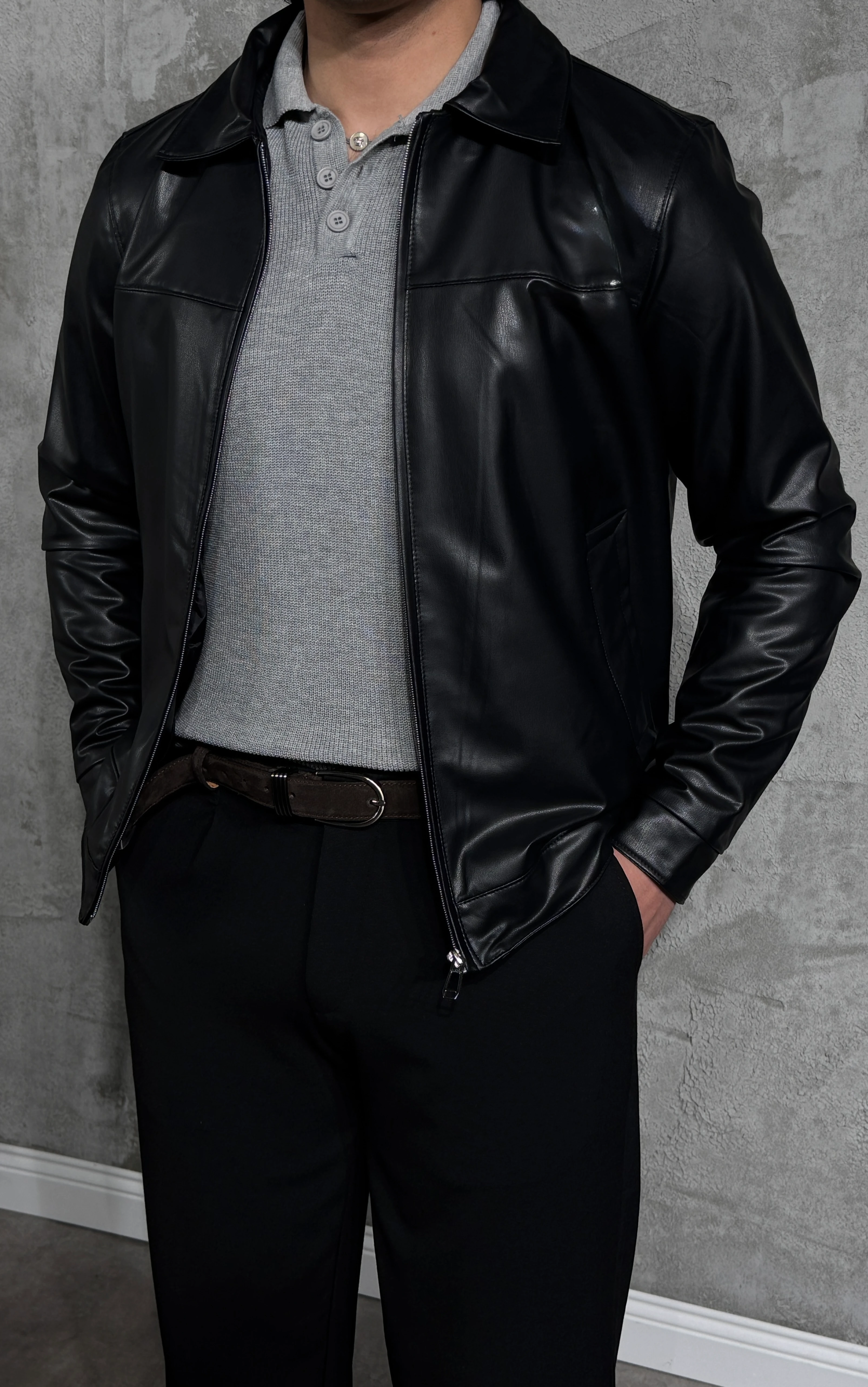 Erkek Fermuarlı Siyah Deri Ceket
