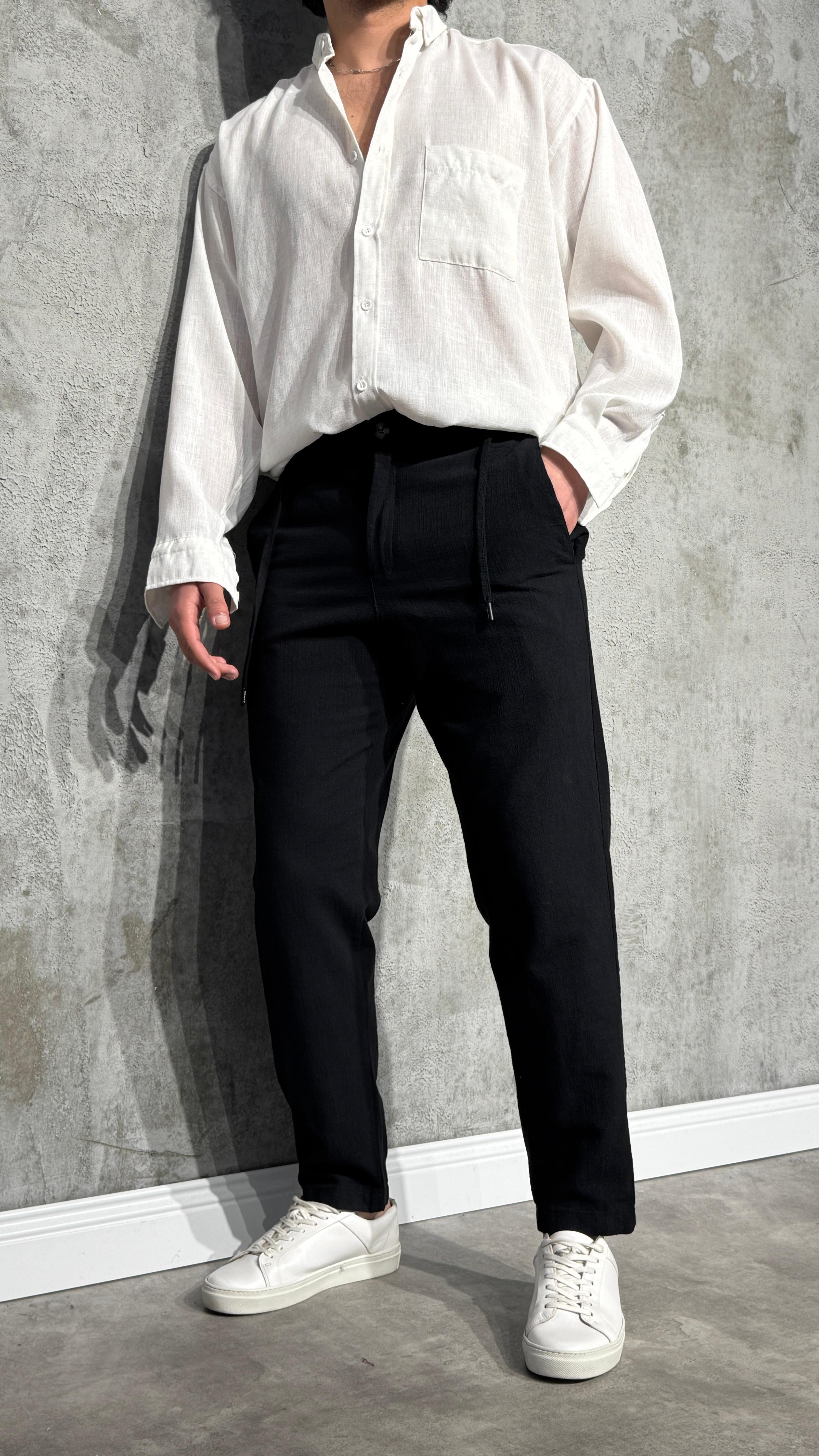 Keten Slim Pantolon - Siyah