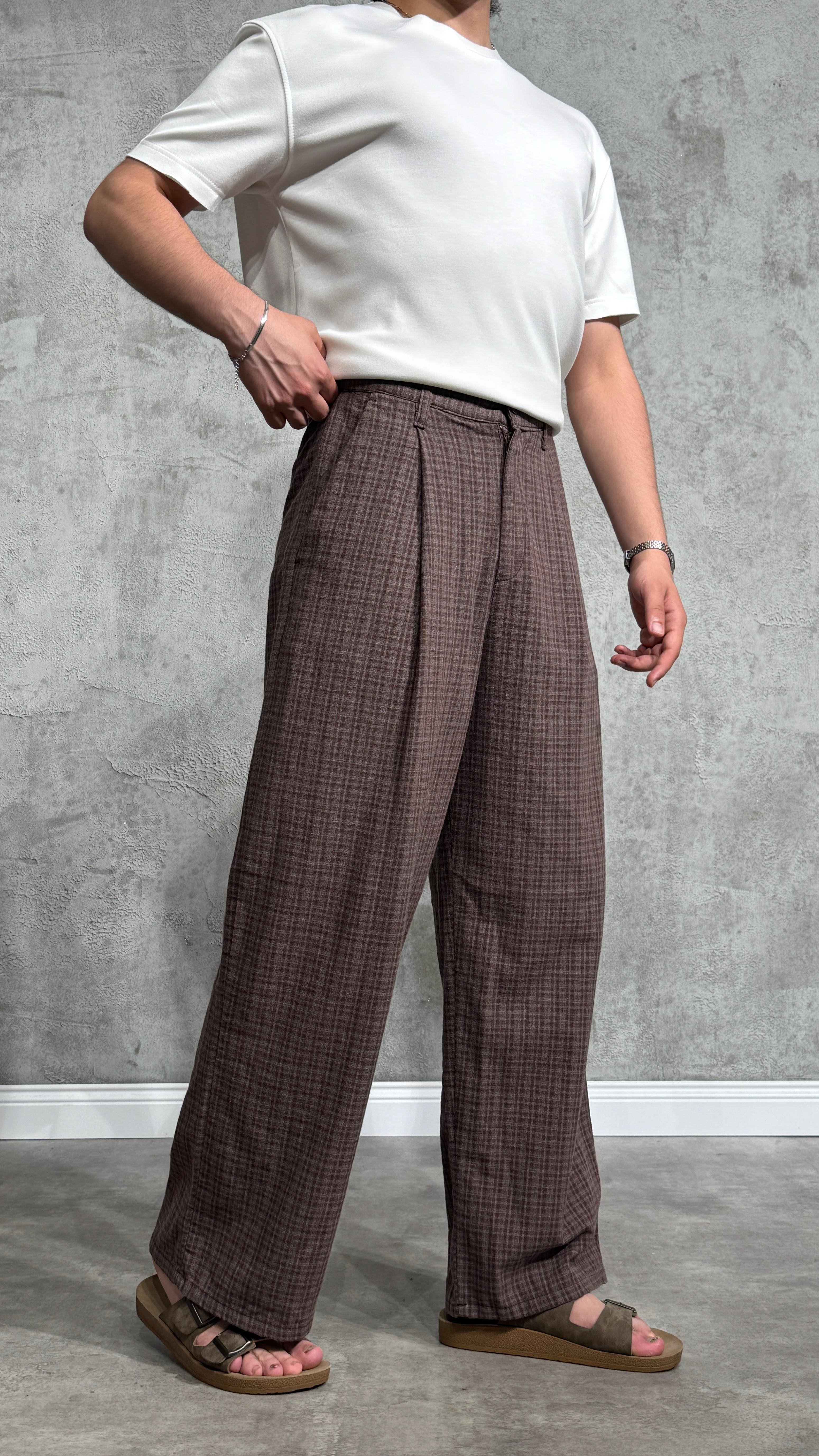 Premium Ekoseli Baggy Kumaş Pantolon - Kahverengi