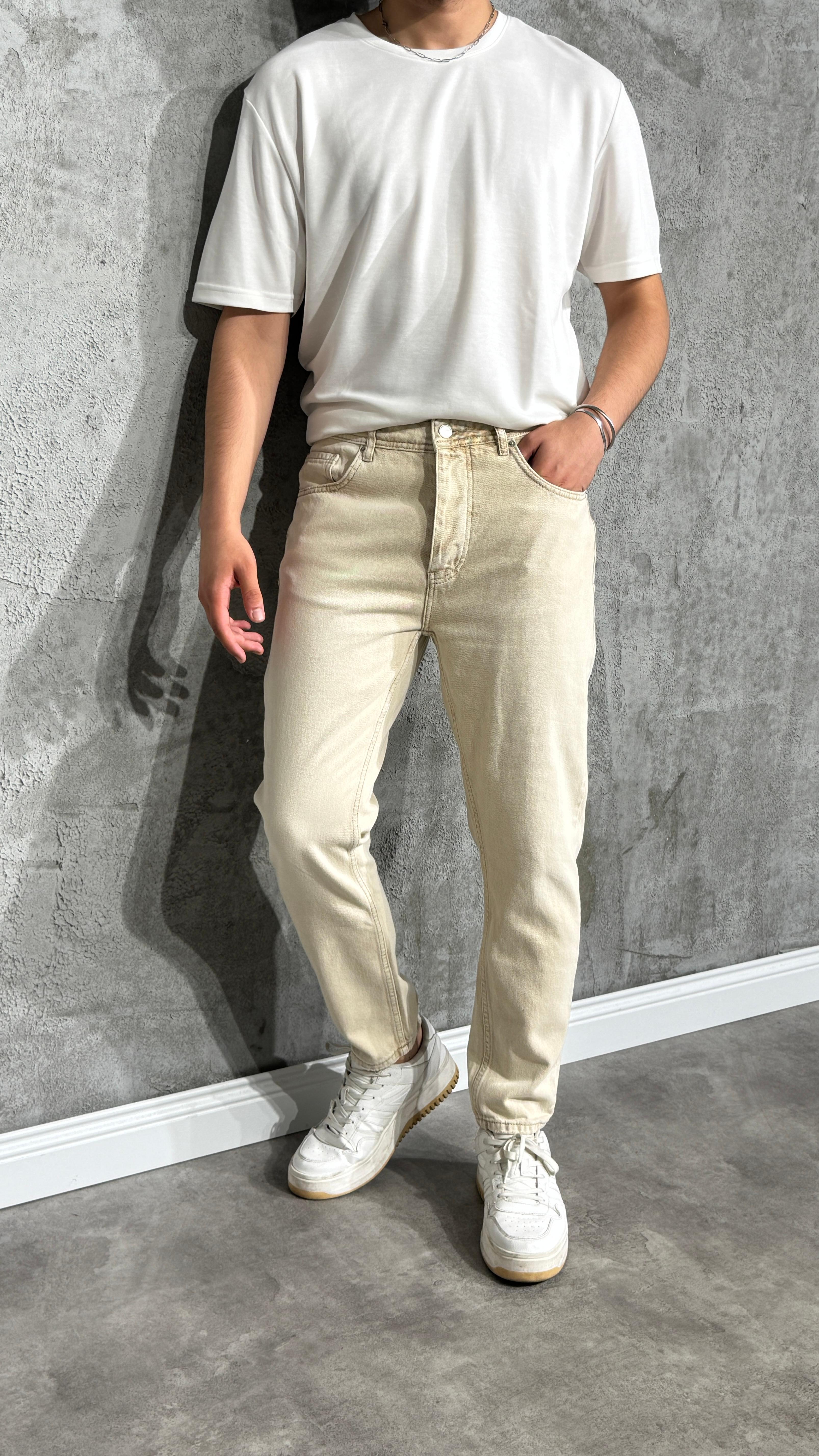 Erkek Boyfriend Kesim Krem Kot Pantolon 