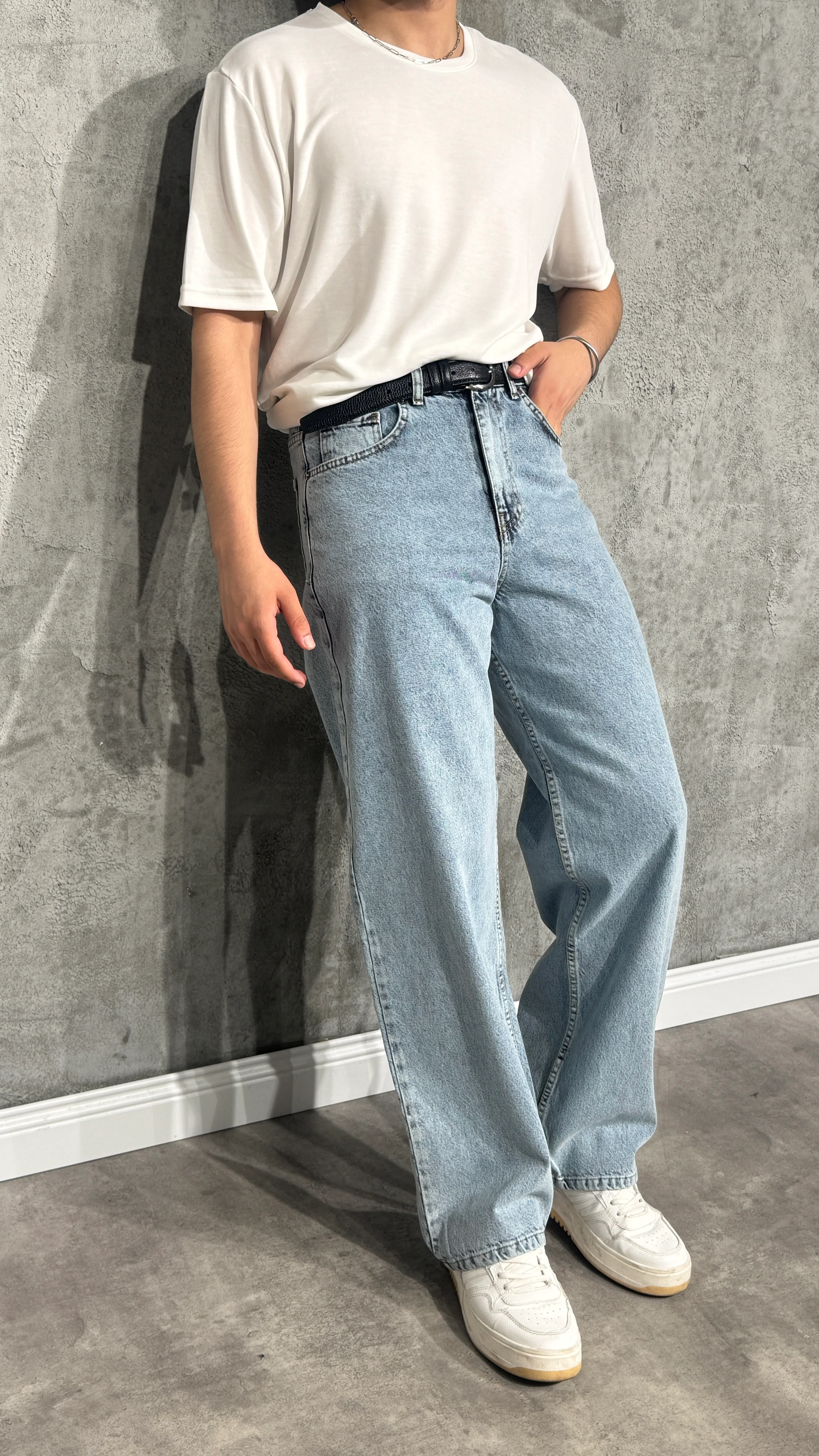 Erkek Yüksek Bel Baggy Kot Pantolon