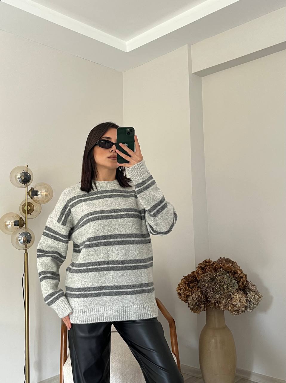 Triko Çizgili Kazak - Gri