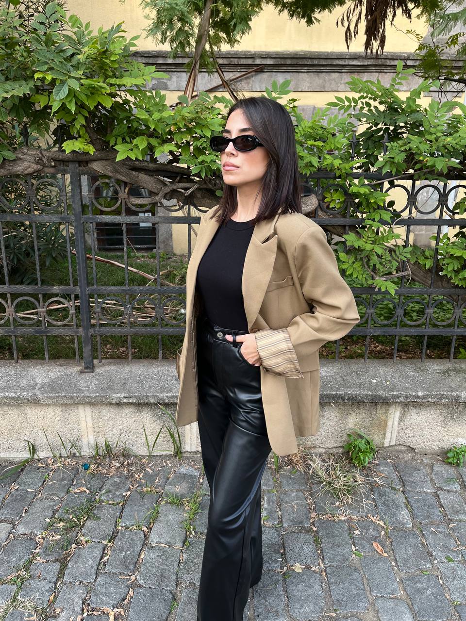 Astarlı Çizgili Blazer Ceket - Haki