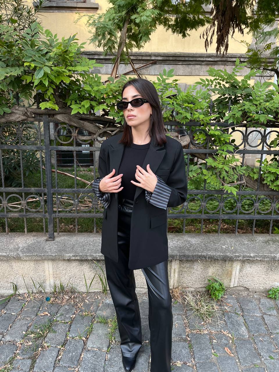 Astarlı Çizgili Blazer Ceket - Siyah