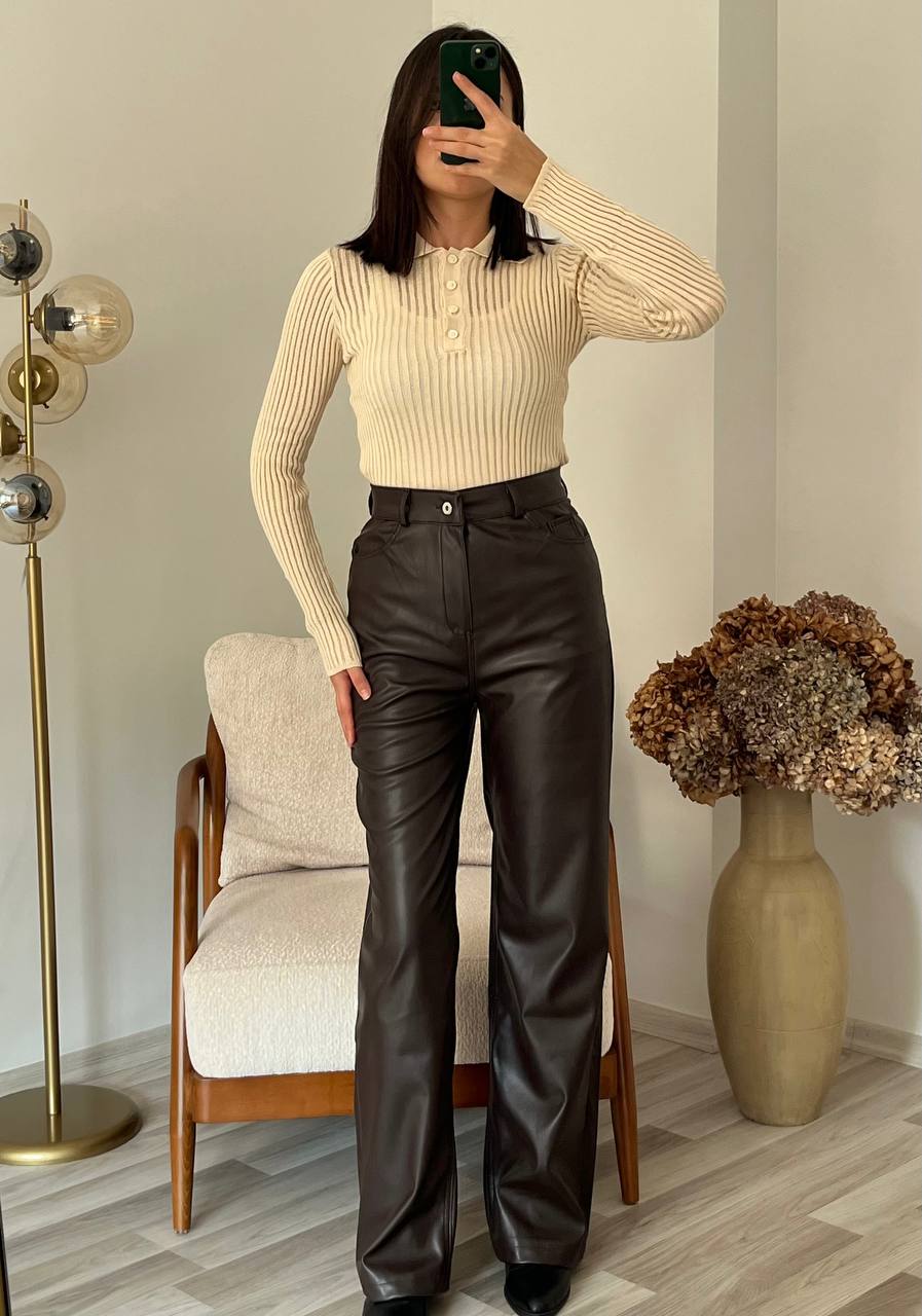 Deri Palazzo Pantolon - Kahve