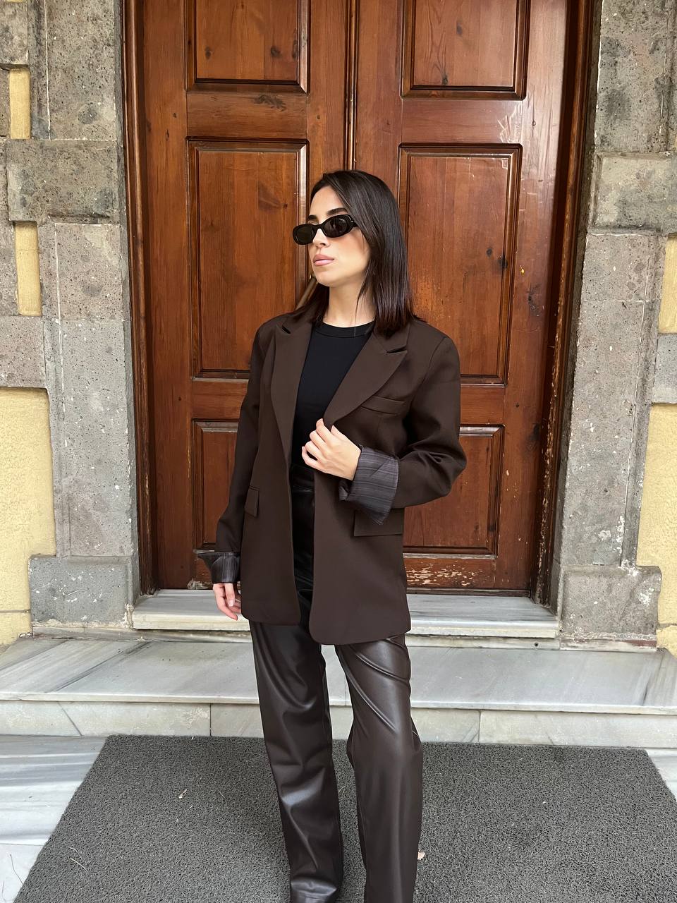 Astarlı Çizgili Blazer Ceket - Kahve