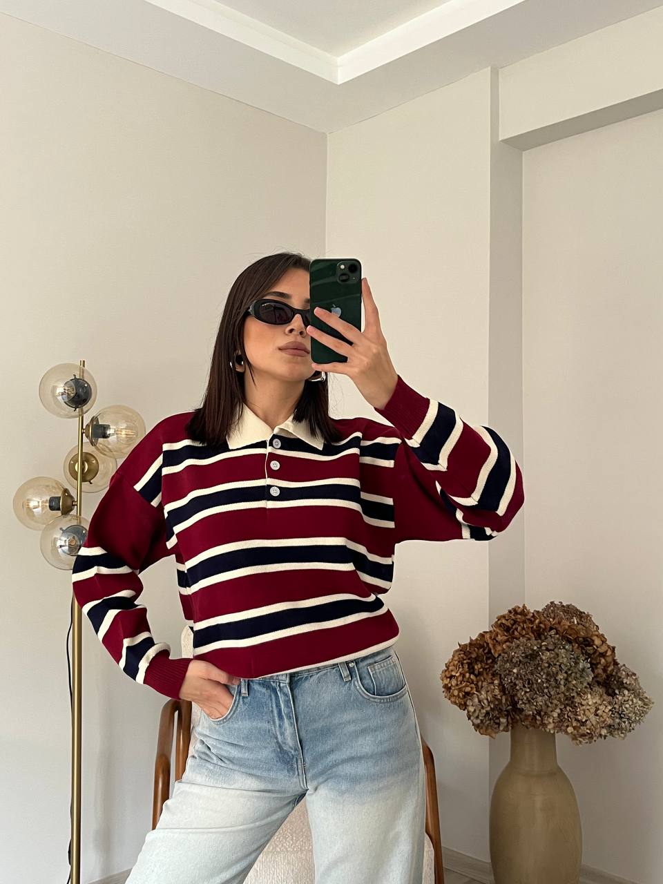 Çizgili Polo Yaka Oversize Bordo Triko Kazak