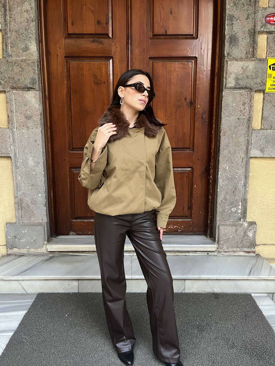 Yakası Kürklü Parka Bomber Ceket - Haki